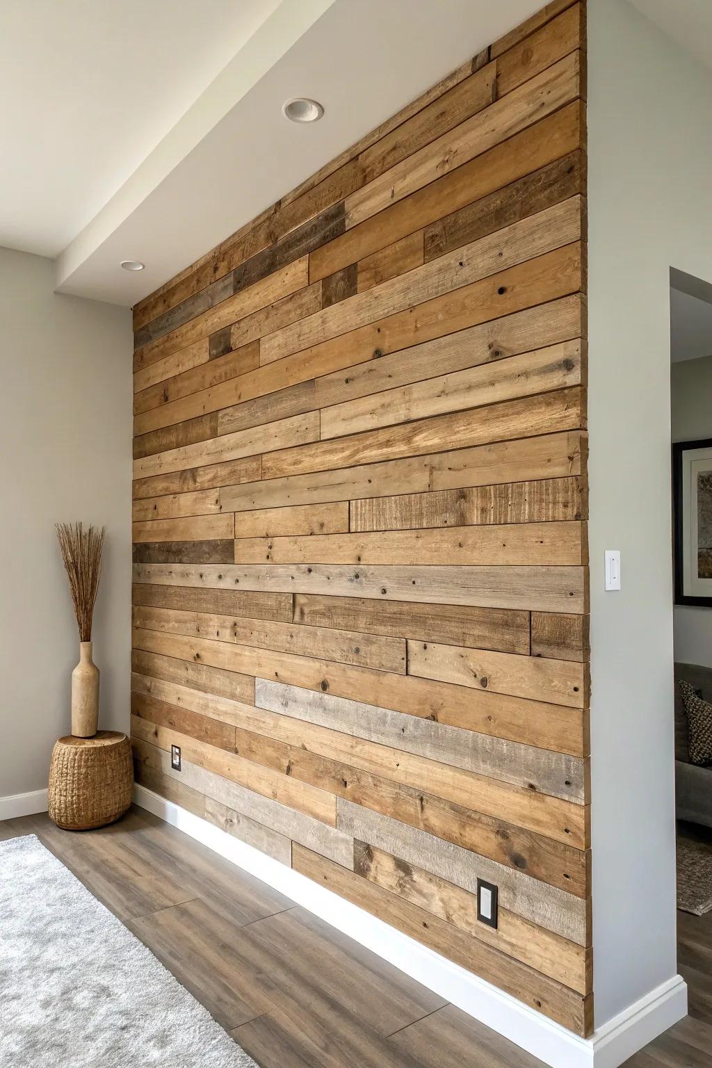 Reclaimed wood feature wall: instant basement warmth with rustic texture and modern calm.