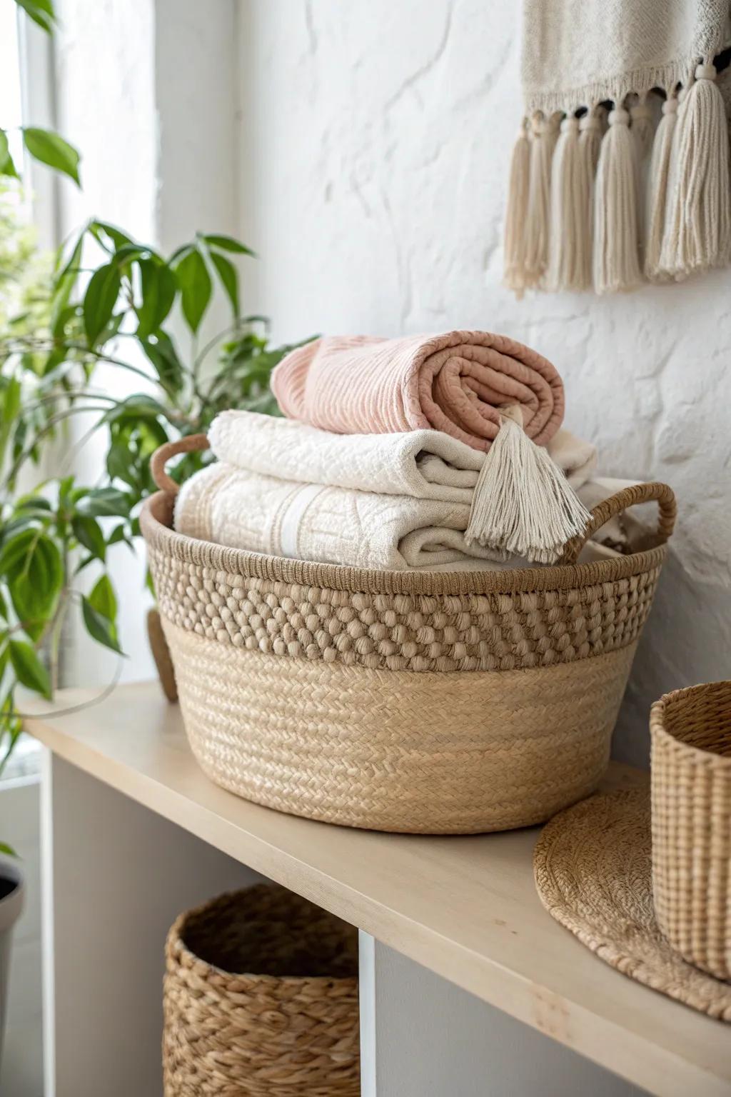 Deep woven basket keeps throw blankets tidy and cozy on open shelves—relaxed Scandinavian vibes.