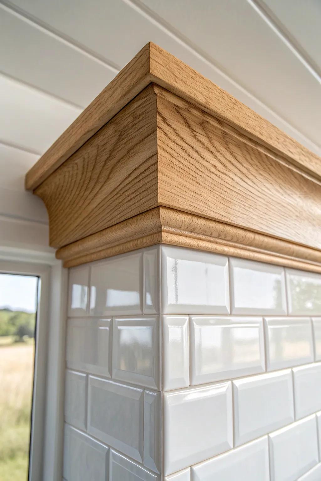 Light oak crown molding above subway tile—an elegant way to hide uneven cuts with warmth.