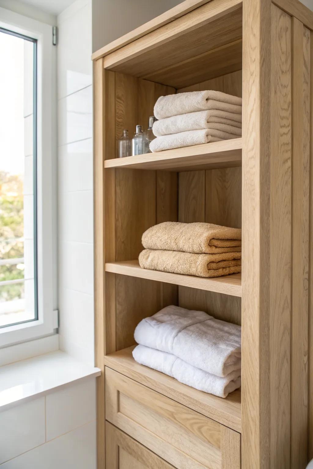 Plan shelf spacing around folded towels—sturdy oak shelves keep linens stacked and stable.