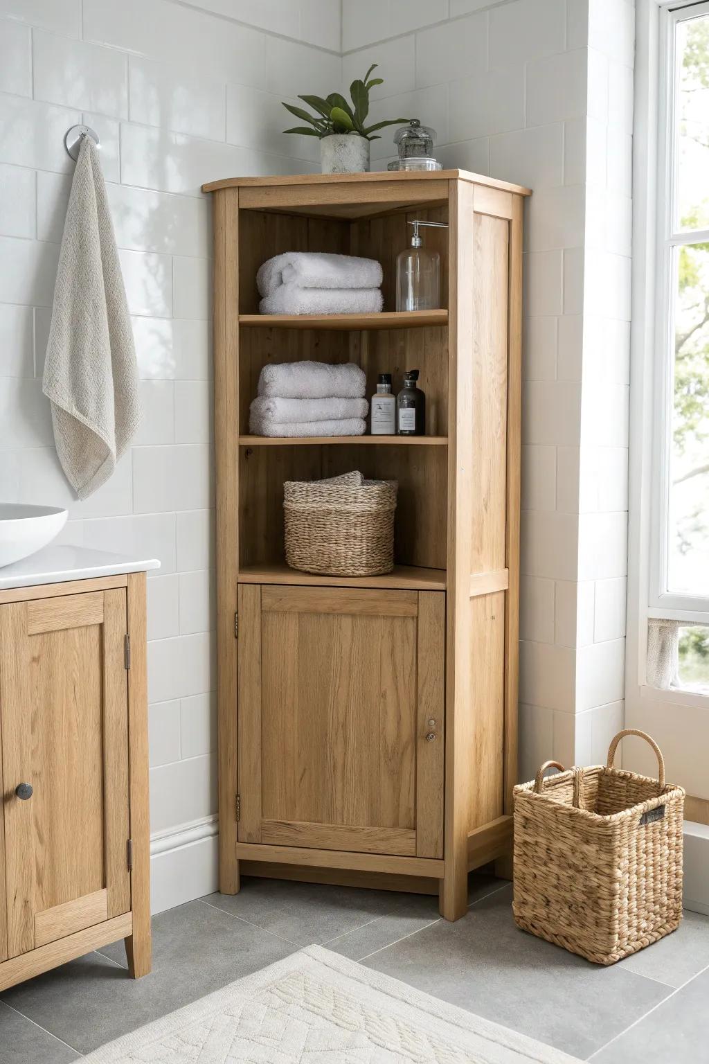 Half-open corner cabinet: closed storage below, open shelves for towels and baskets above.