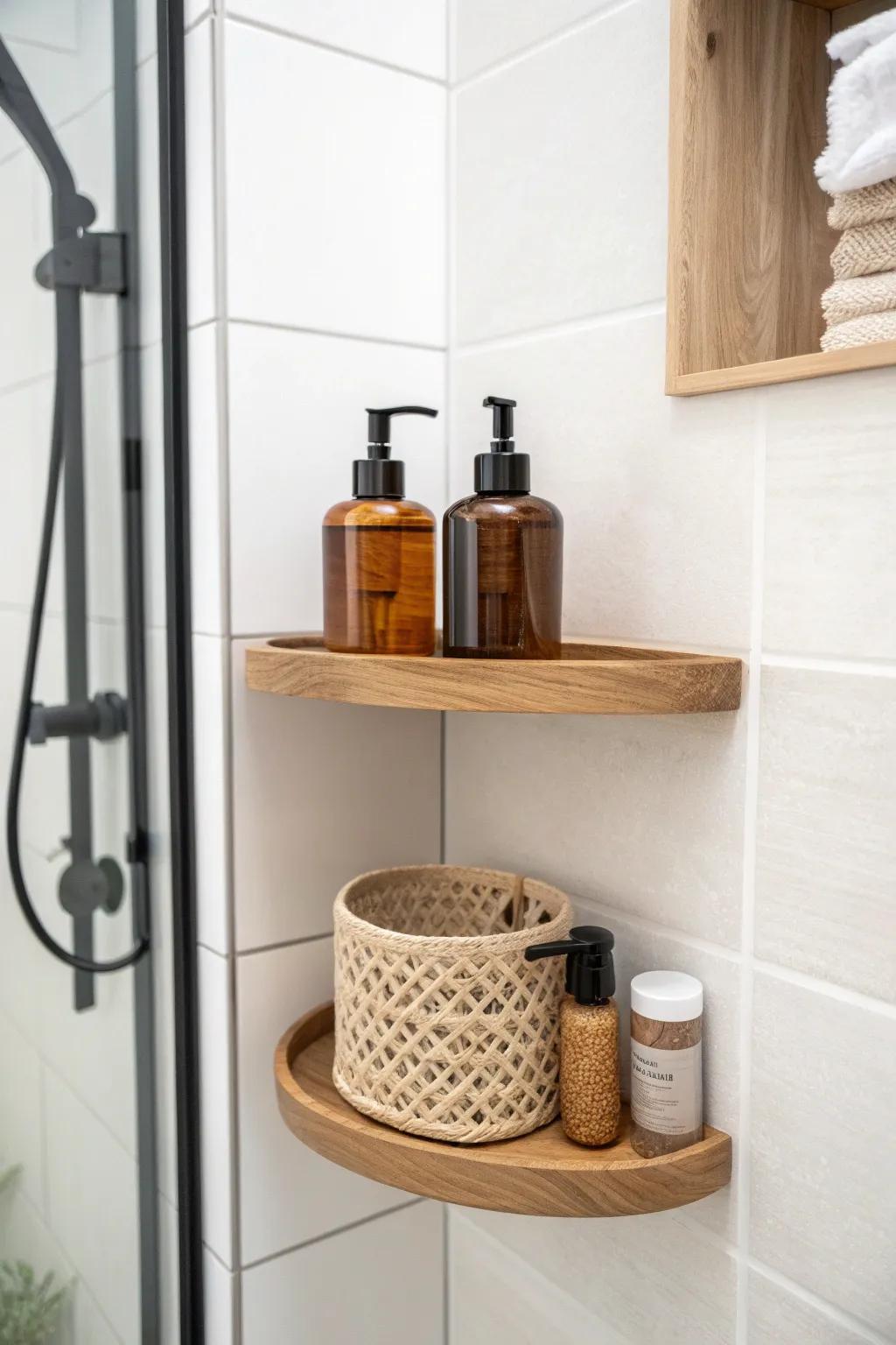 Sealed oak corner floating shelf by the shower—calm storage with matching bottles and a woven bin.