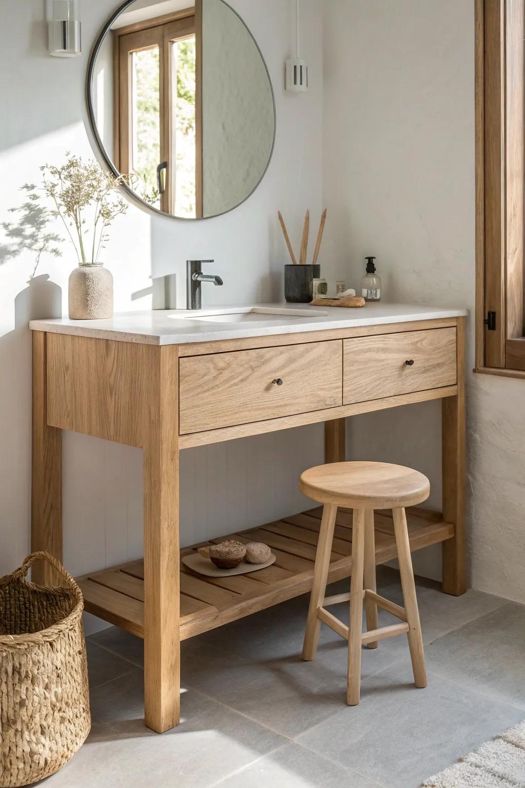 A bathroom island with a makeup overhang creates a calm sit-down vanity with hidden stool space.