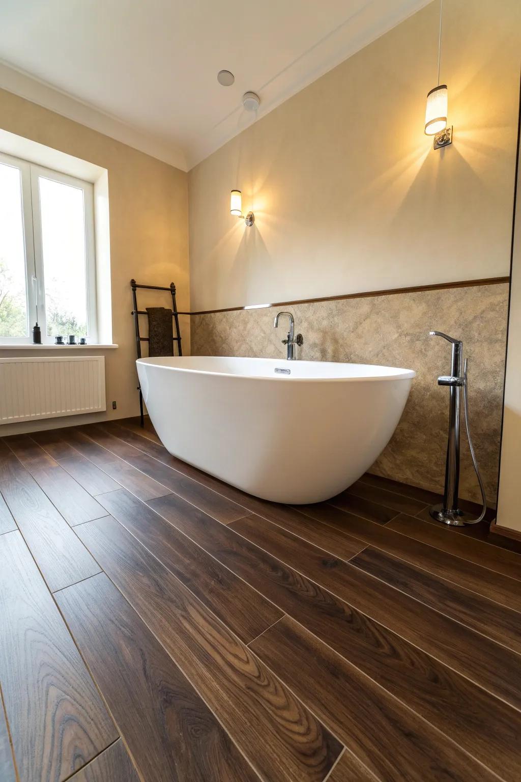 Dark walnut-look laminate brings boutique-hotel drama—perfect against crisp white fixtures.