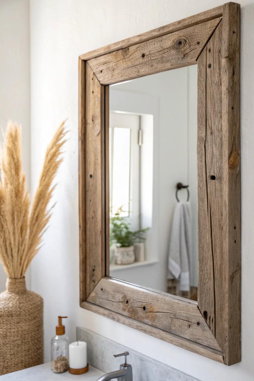 Reclaimed barn wood mirror border—nail holes and saw marks for instant rustic character.