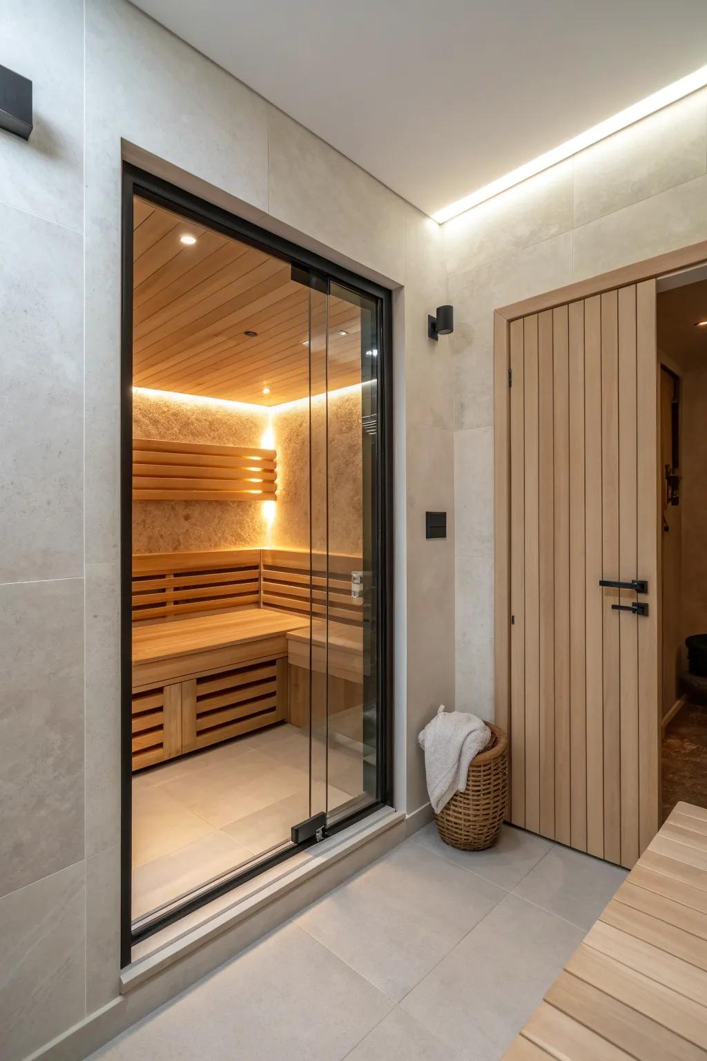 A flush built-in niche sauna wall—clean lines, warm cedar glow, and custom bathroom elegance.