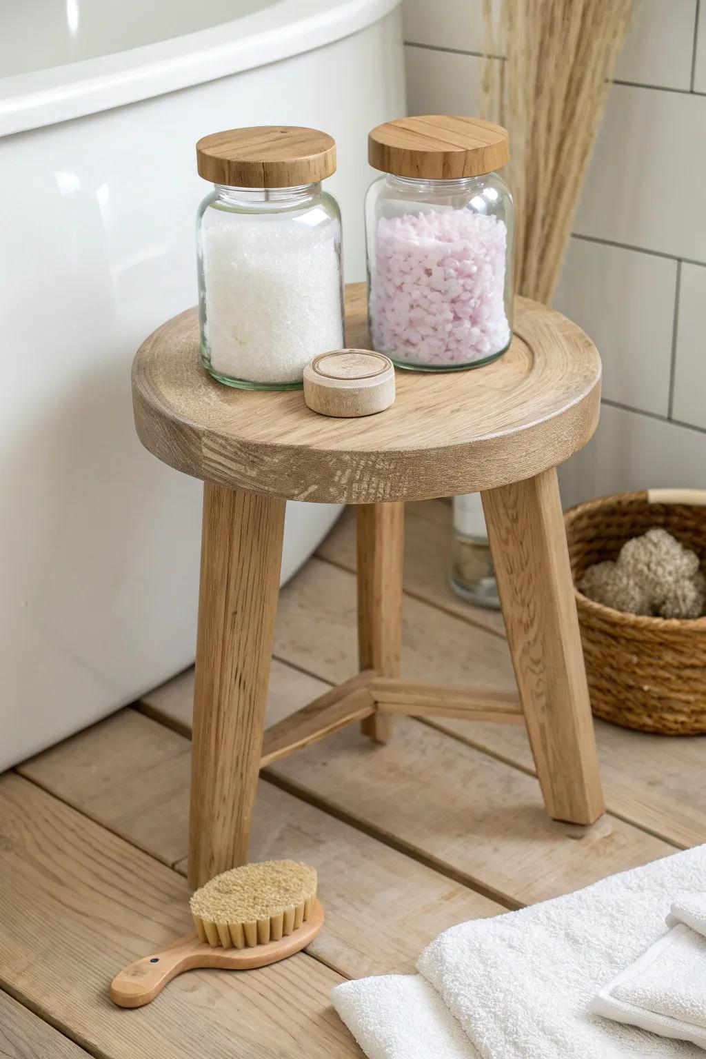 Matching glass jars on a wood stool keep bath essentials tidy, styled, and serene.
