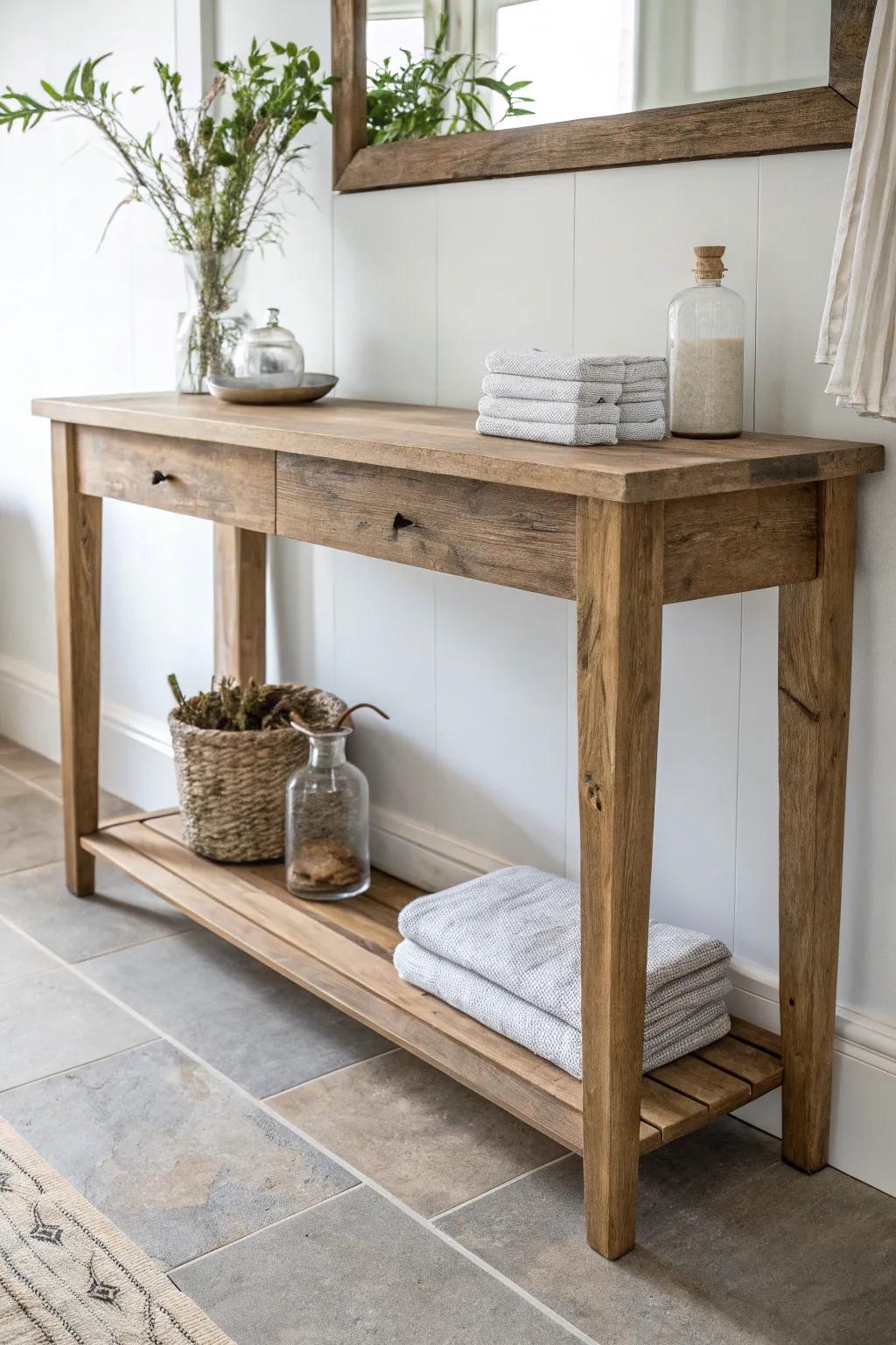 Narrow reclaimed-wood console table that turns an empty bathroom wall into warm, useful style.