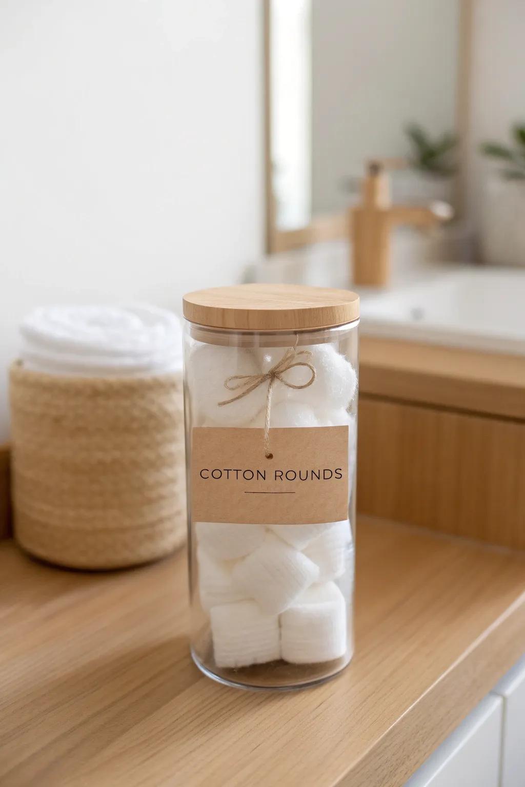 Turn everyday cotton rounds into spa-worthy vanity decor with a labeled glass jar.