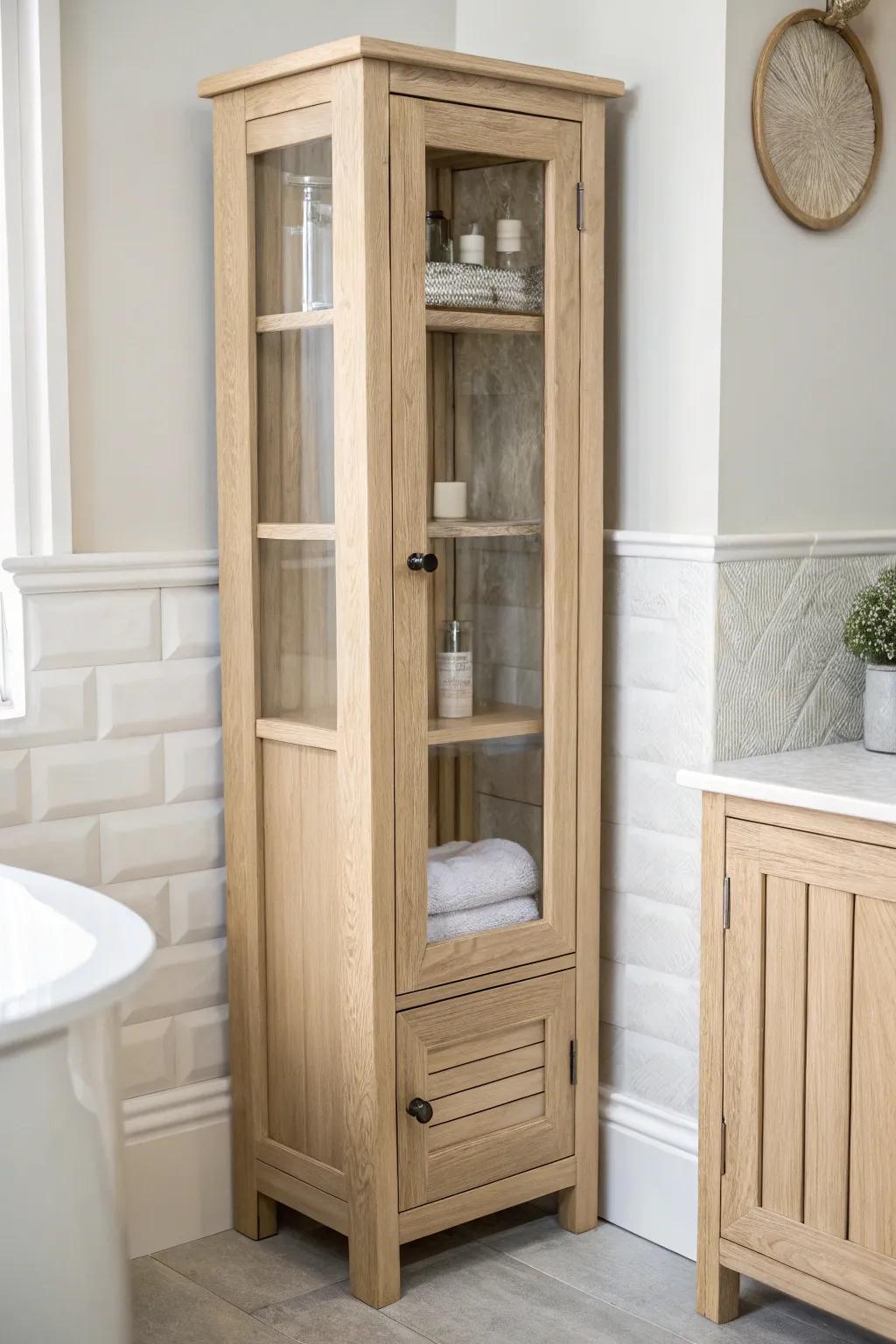 Airy glass-front oak vanity tower—spa-like vertical storage with curated shelves and calm contrast.