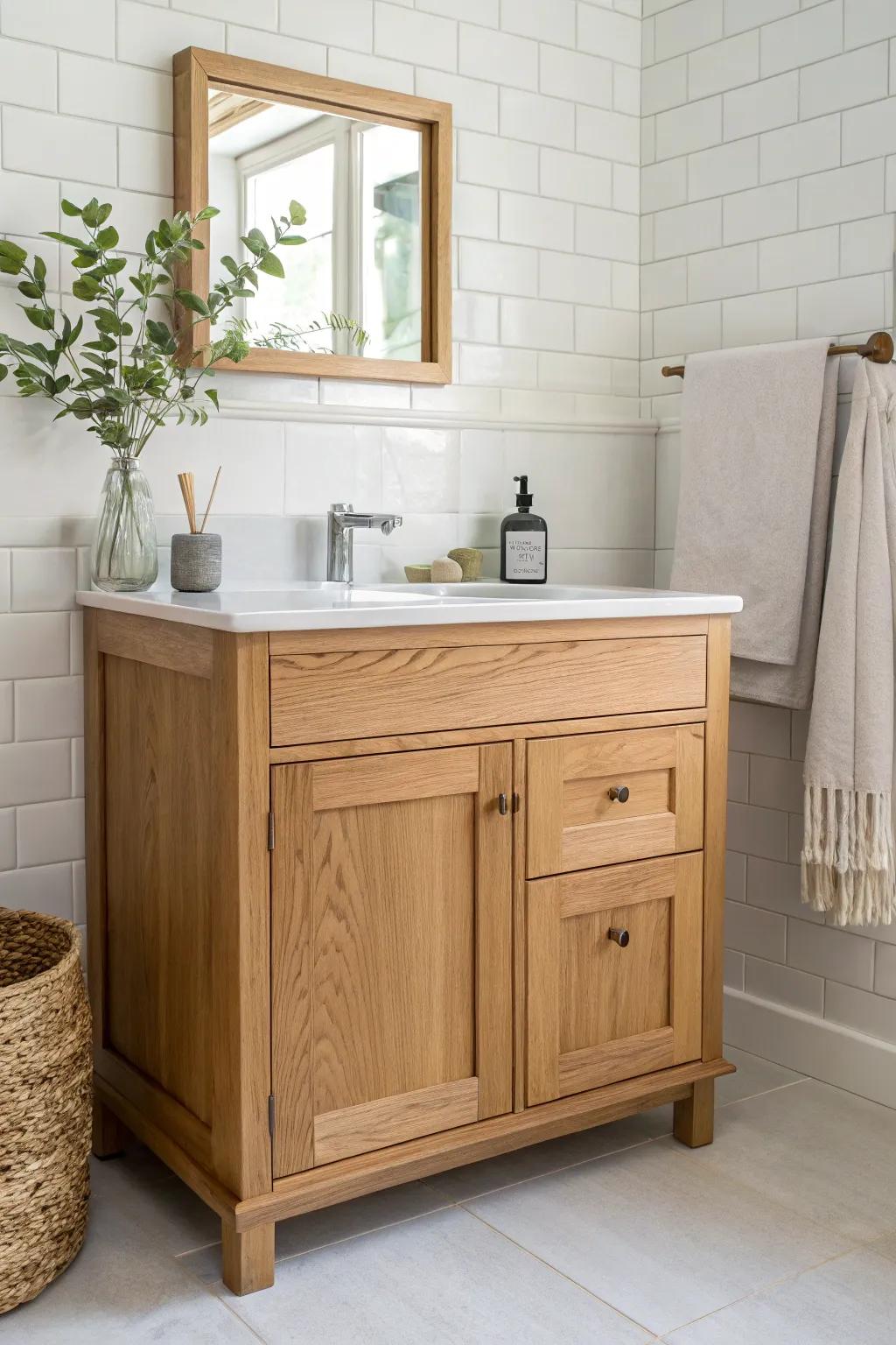 A bright white backsplash strip makes warm oak cabinetry feel crisp, custom, and new-build clean.