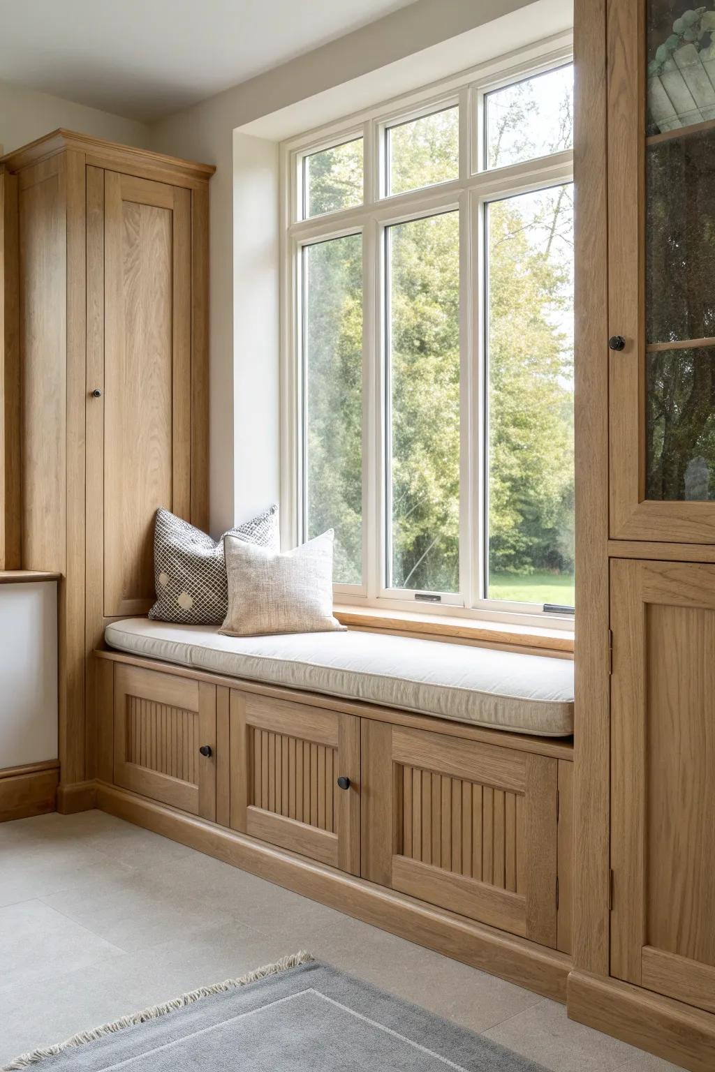 A light oak bay window bench with tall built-ins—minimal, cozy, and custom-crafted.