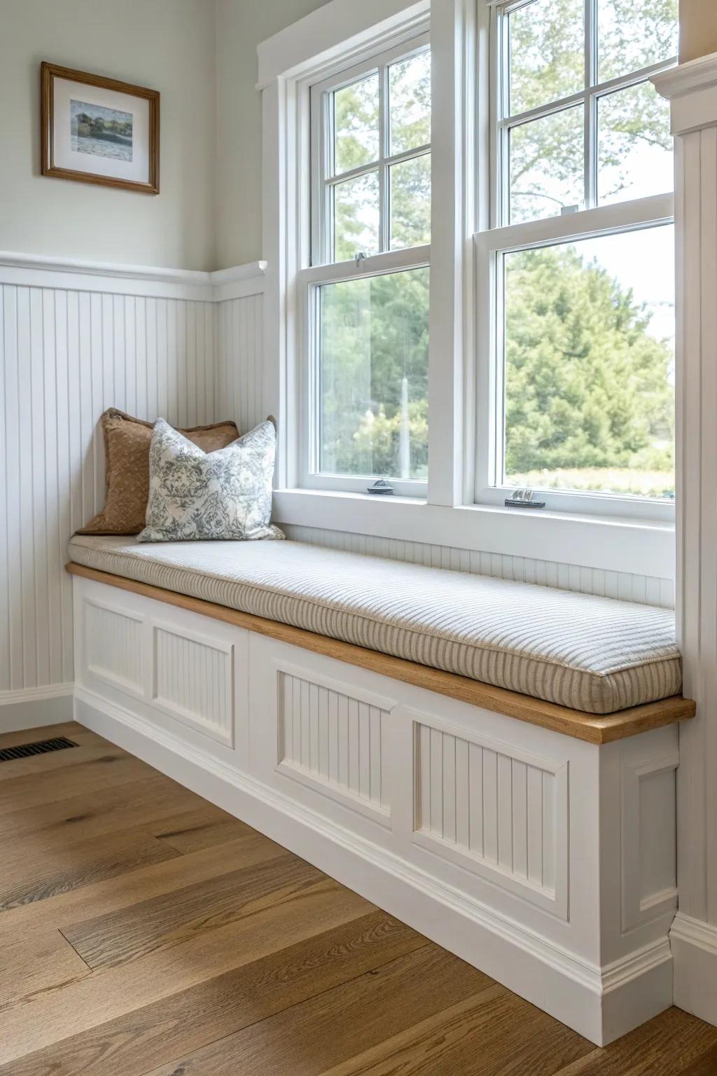 Crisp beadboard + chunky trim turns a bay window seat into cozy cottage perfection.