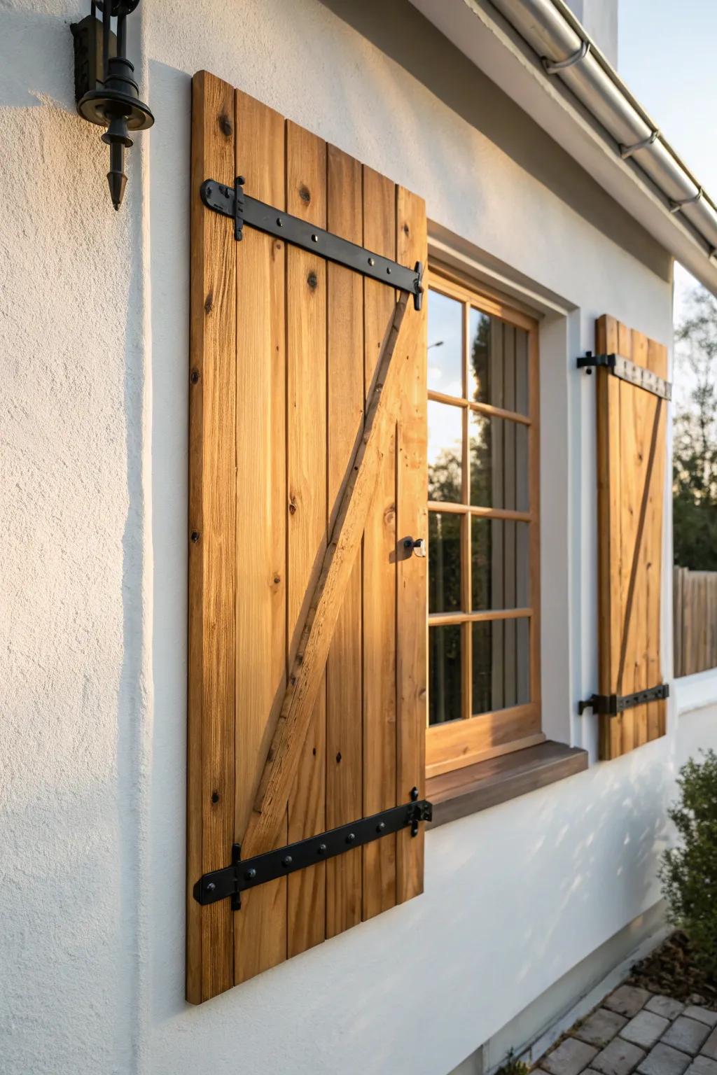 Extra-wide exterior shutters balance bay windows beautifully—warm wood grain, clean lines, bold curb appeal.