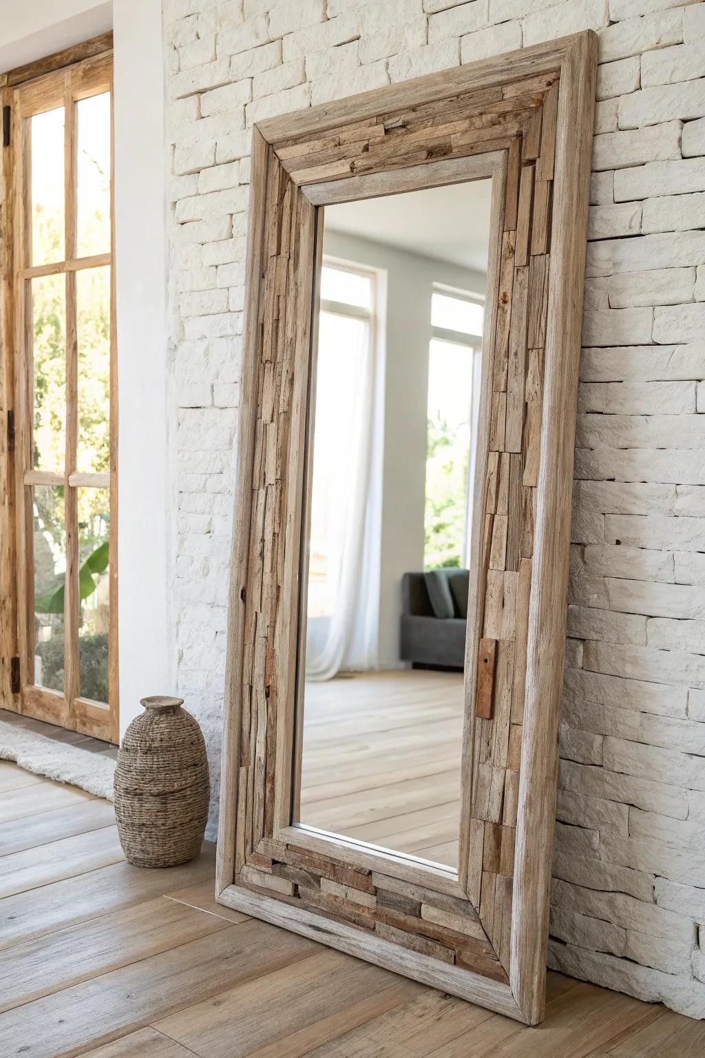 Driftwood-toned mirror frame: soft coastal texture with clean Scandinavian simplicity.