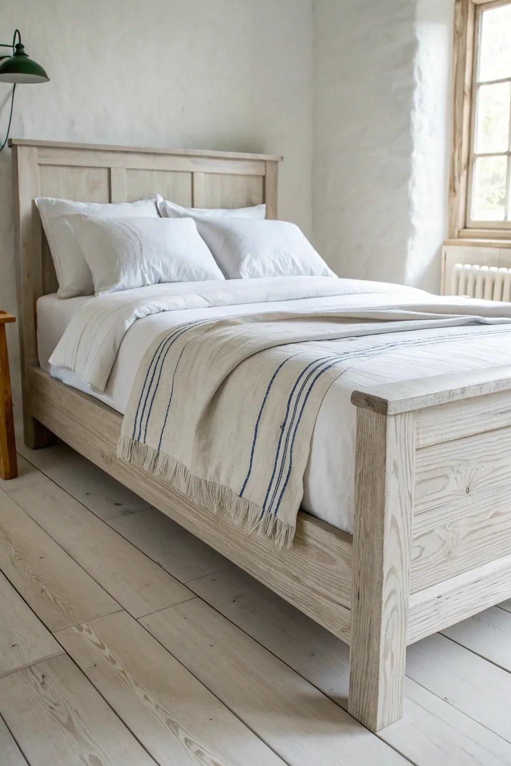 Coastal calm: a whitewashed wood bed with crisp whites and a soft striped throw.