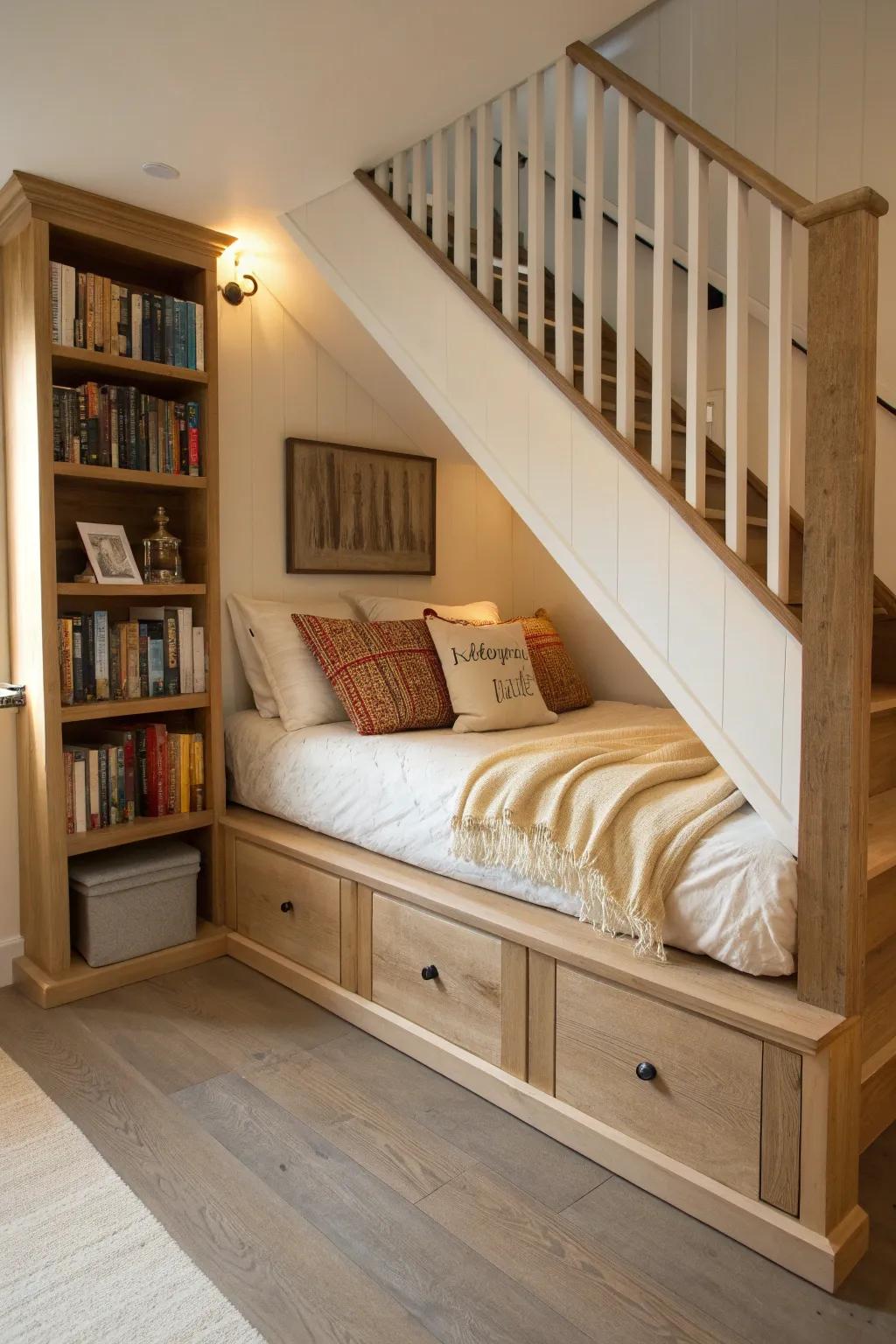A dreamy under-stairs daybed with built-in bookcase for the coziest reading nook.