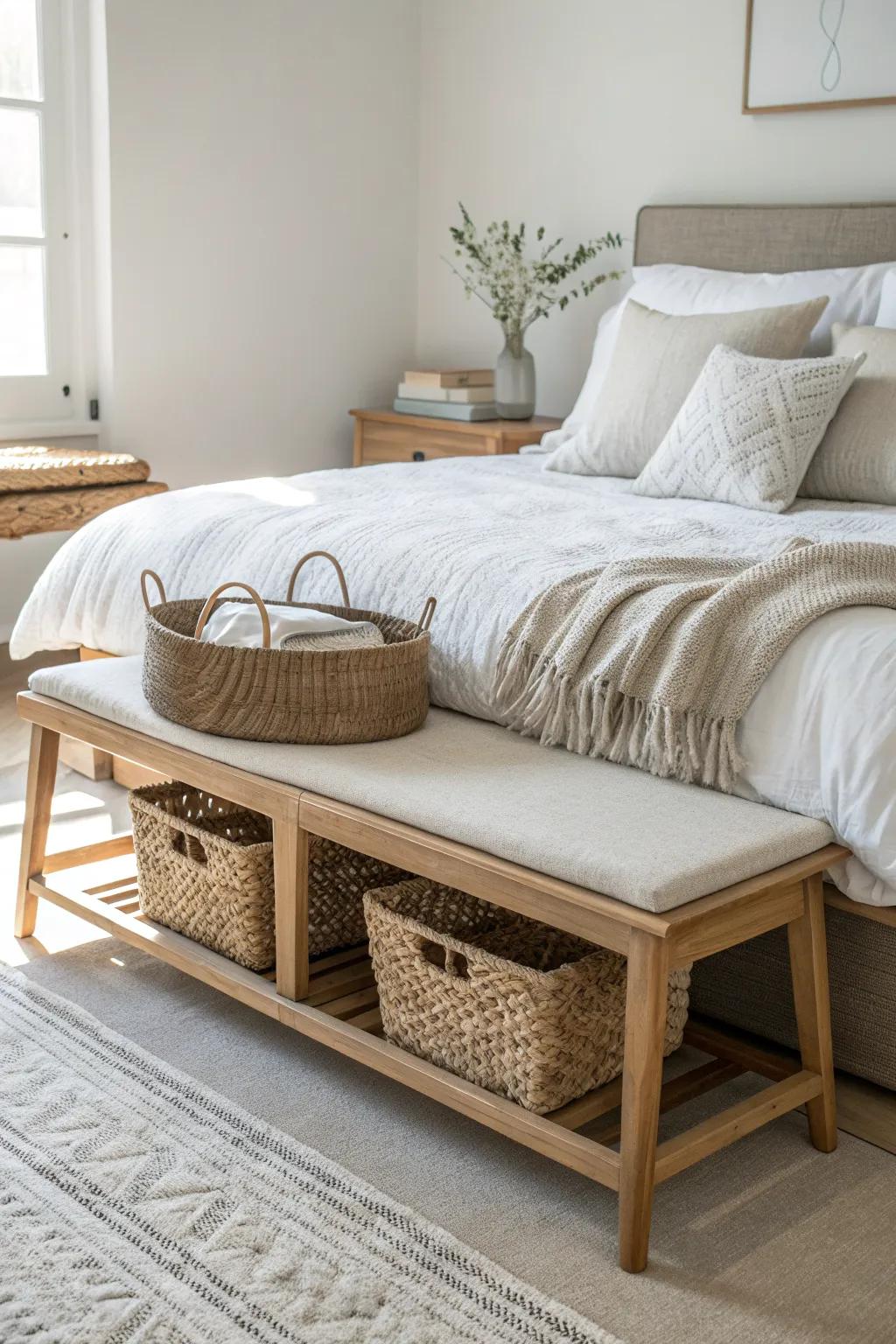 A clean foot-of-bed bench with matching baskets underneath for linens, pillows, and calm storage.