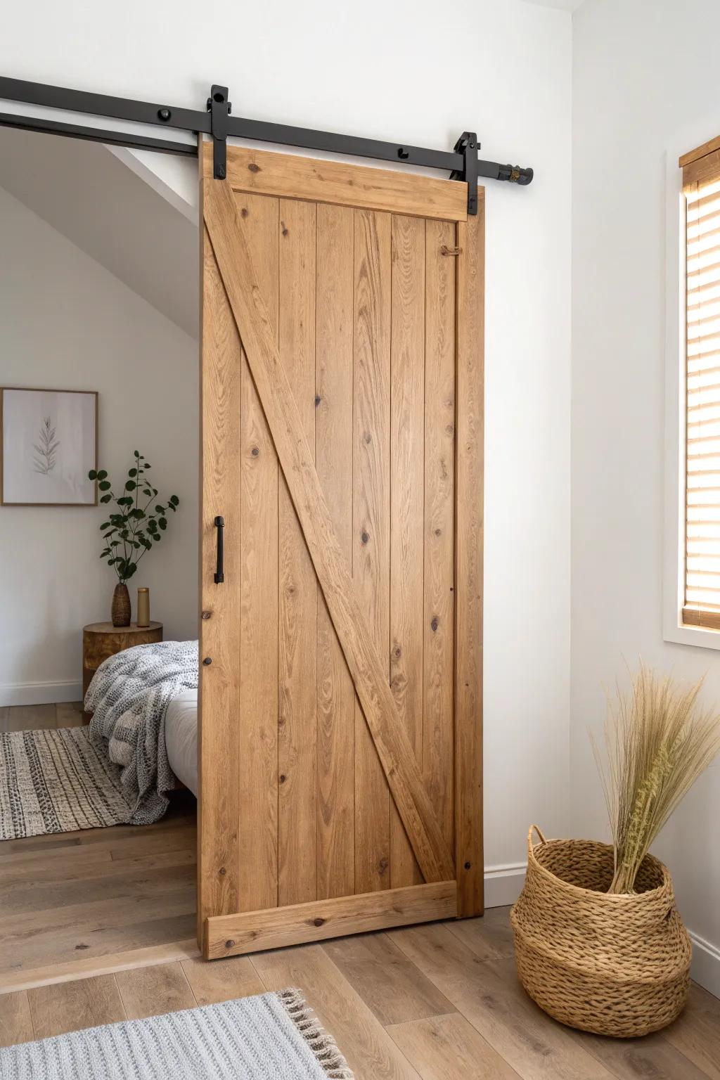 Modern barn closet door in reclaimed wood—clean lines, warm grain, and sleek black hardware.