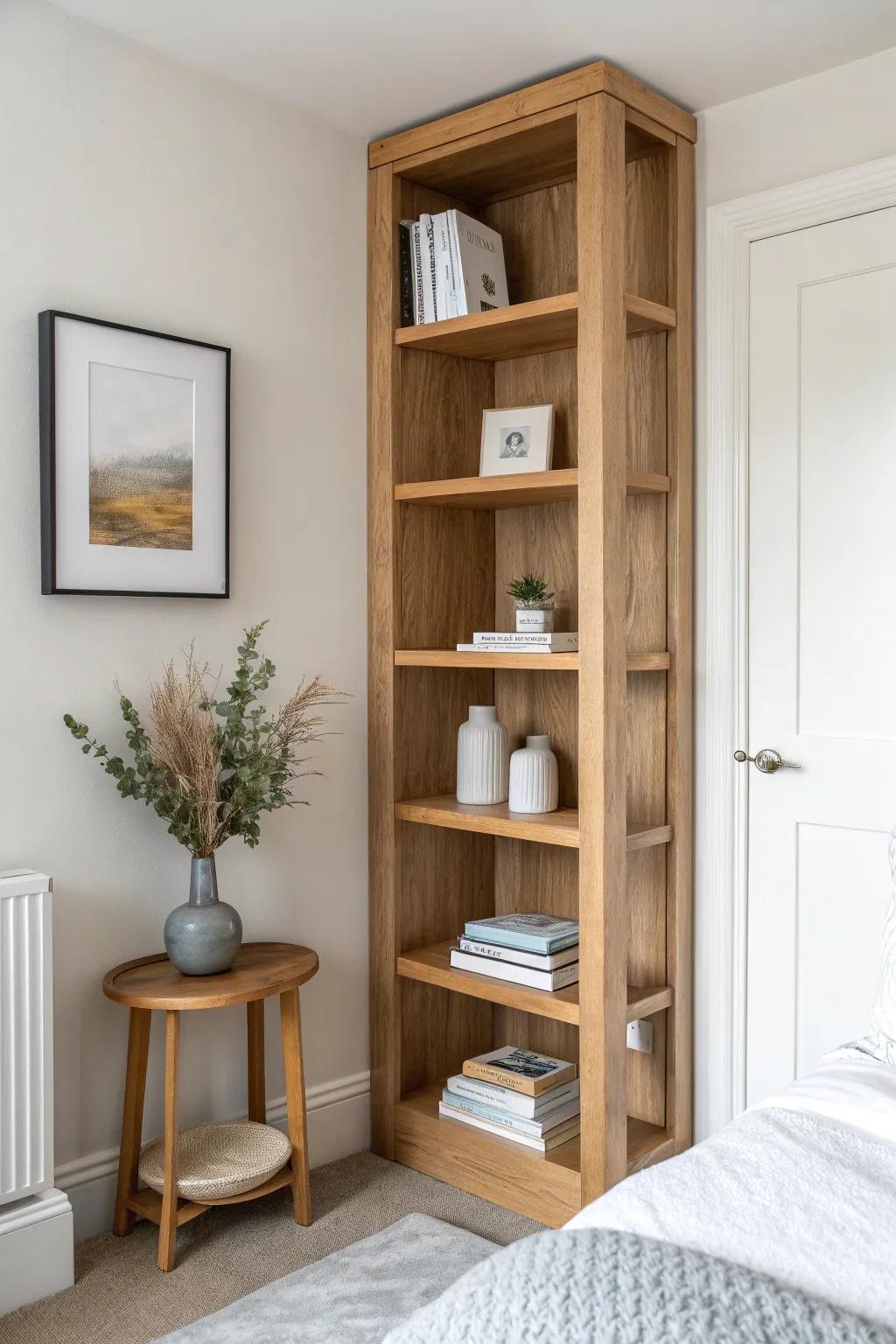 Boxed-in corner shelves in warm oak: a built-in bedroom look with space-saving storage.