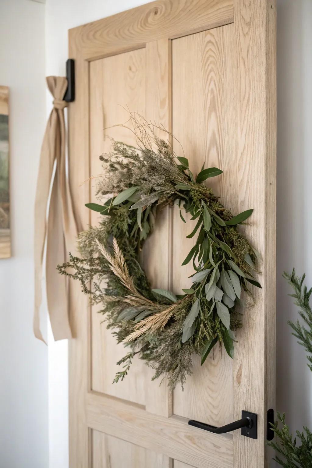All-season greenery on a linen ribbon adds cozy, minimalist charm before you even enter.