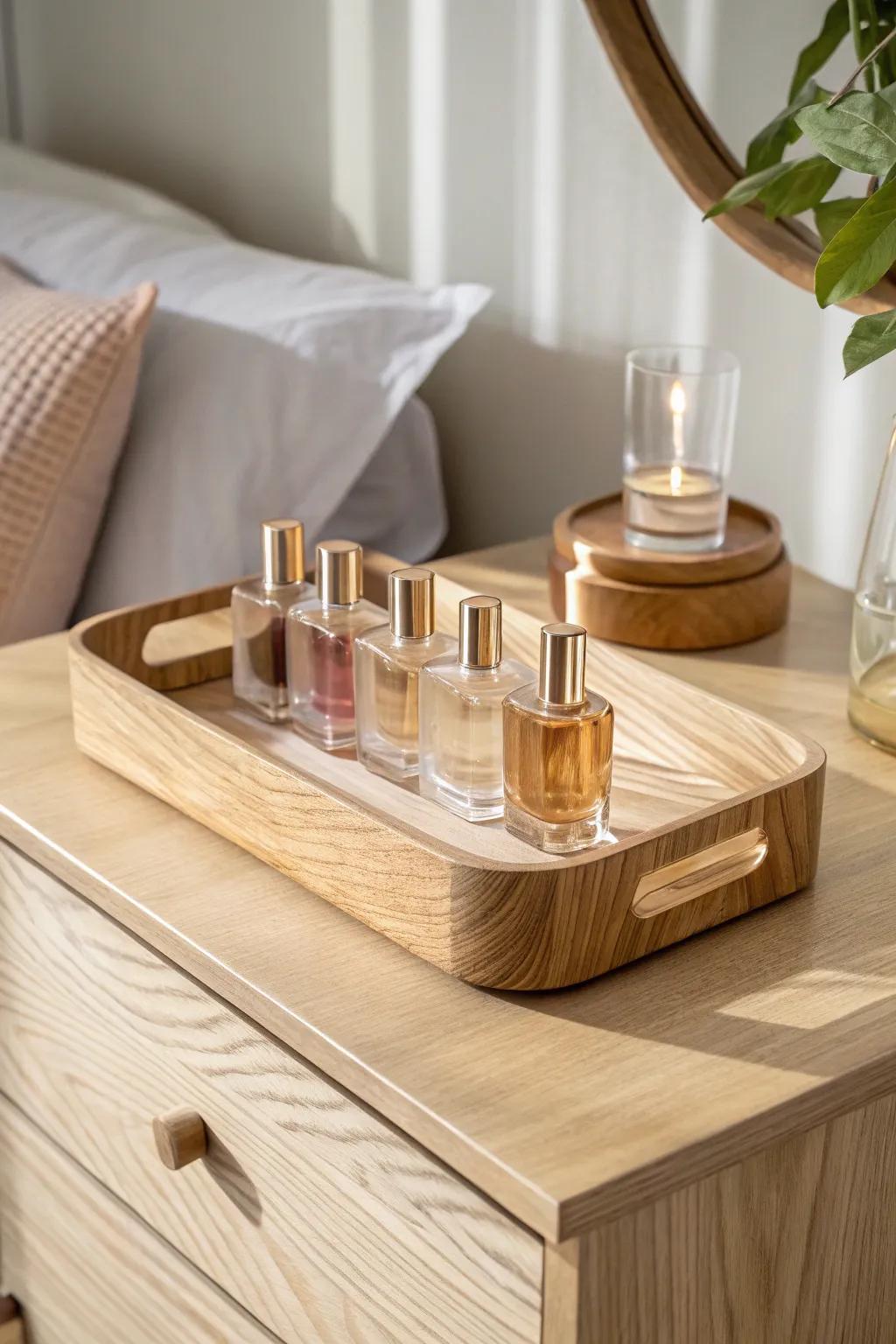 Corral your top five scents on a handcrafted oak tray for instant, curated calm.