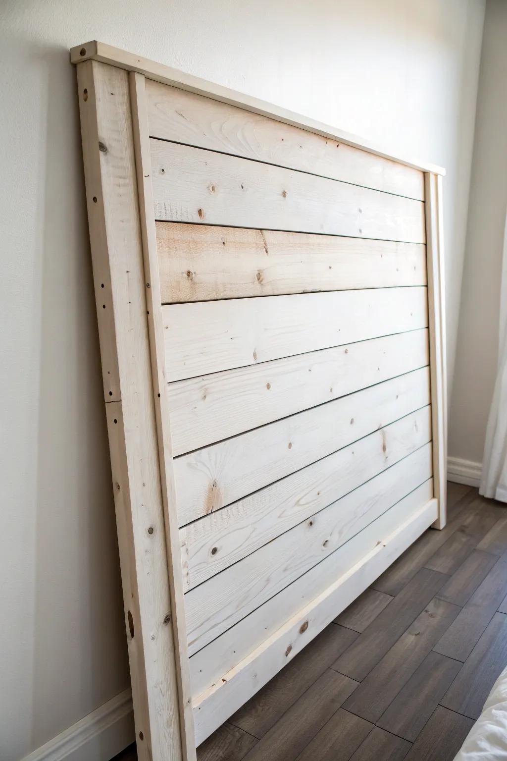 Airy shiplap-style painted headboard with a softly imperfect finish for relaxed cottage calm.