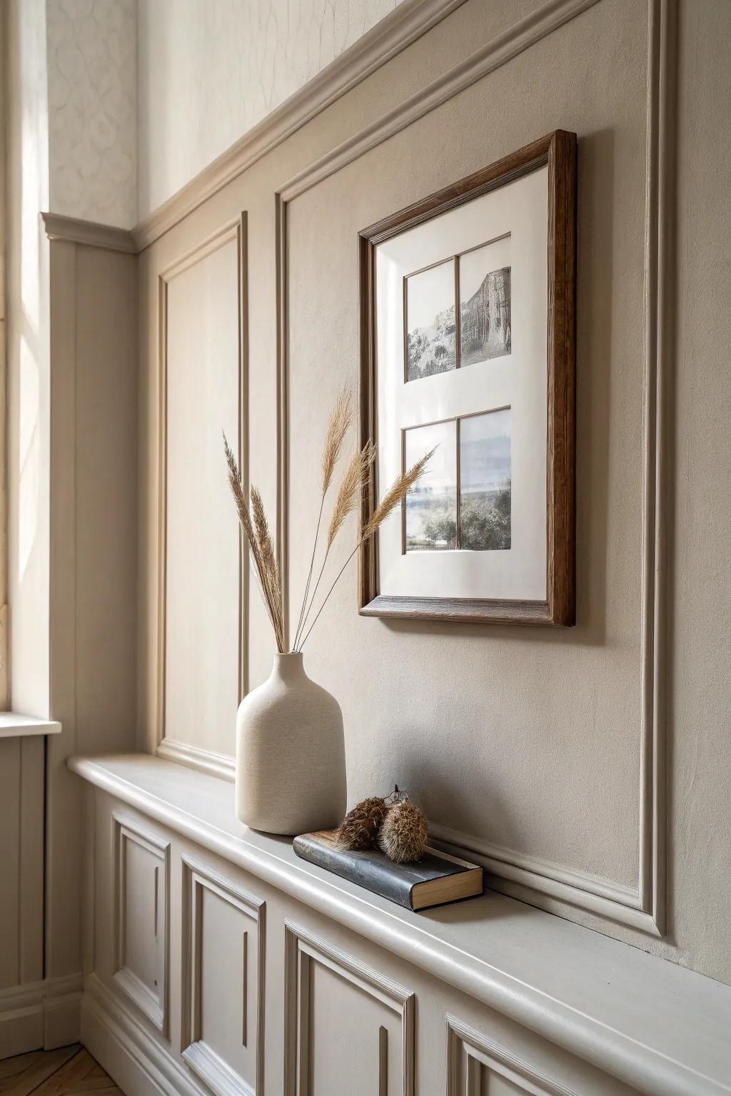 Monochrome molding creates quiet, expensive-looking shadow lines—depth without visual noise.