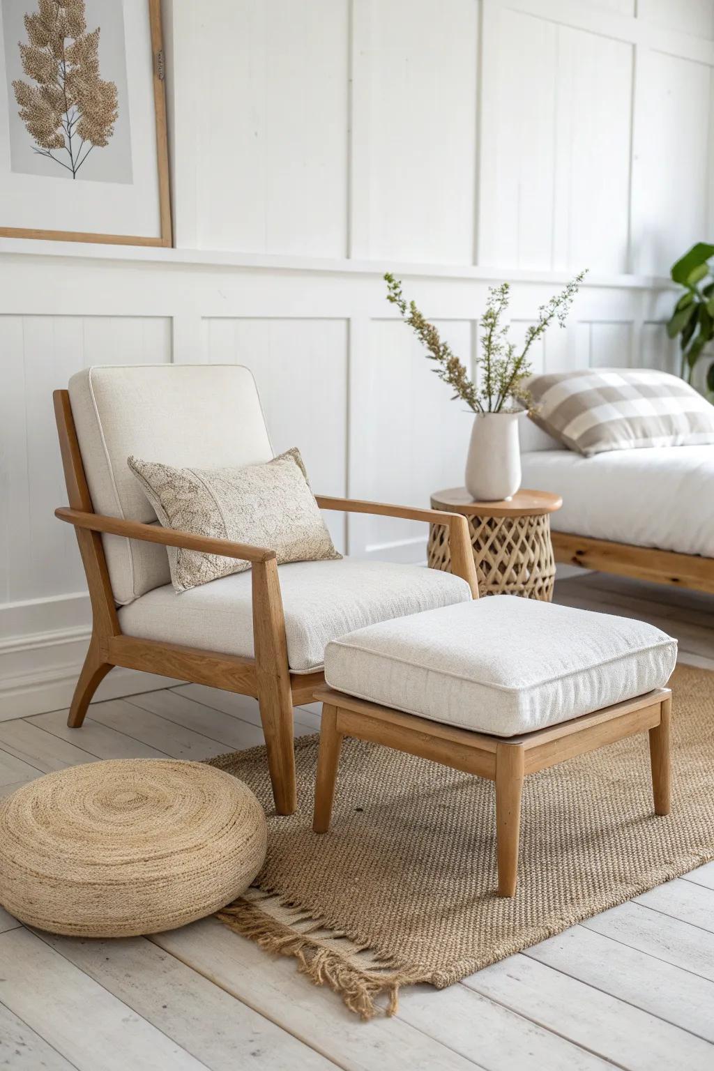 A cozy chair + ottoman combo in light oak—minimal, feminine, and perfect for lounging.