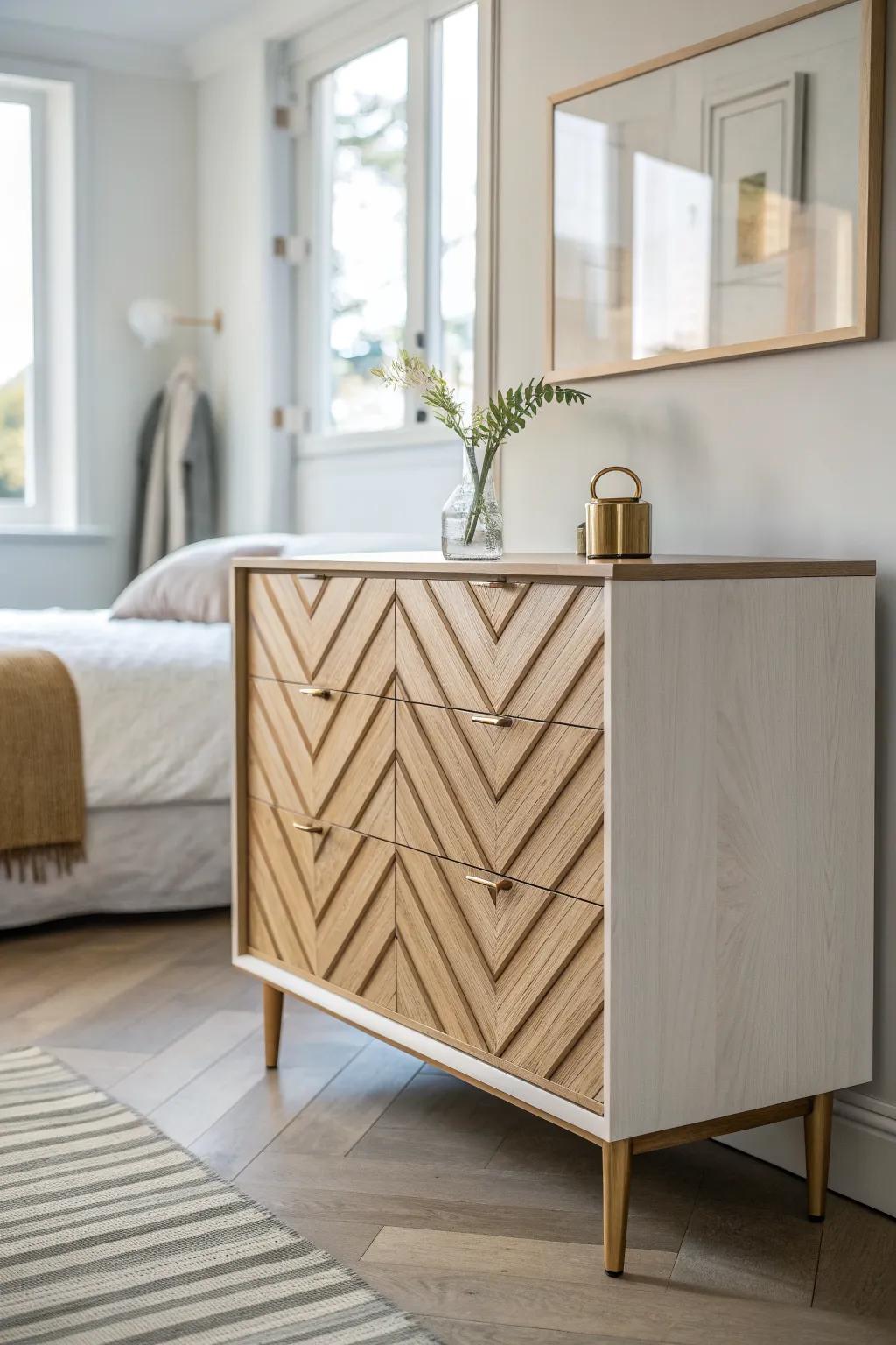 Chevron drawer fronts add subtle drama—warm oak texture that looks truly custom-built.