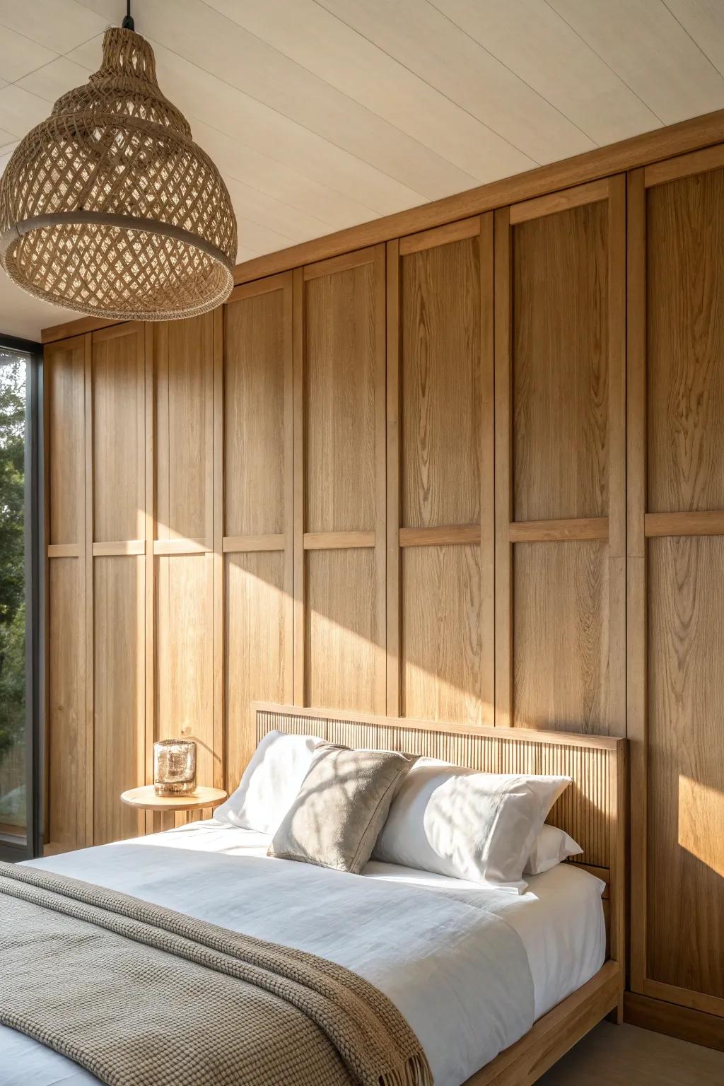 Floor-to-ceiling oak paneling turns a plain bed wall into a dramatic, custom focal point.