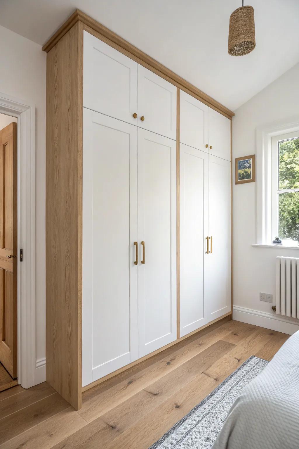 Alcove-fitted wardrobe in pale oak—scribed to wonky walls for a seamless, built-in look.