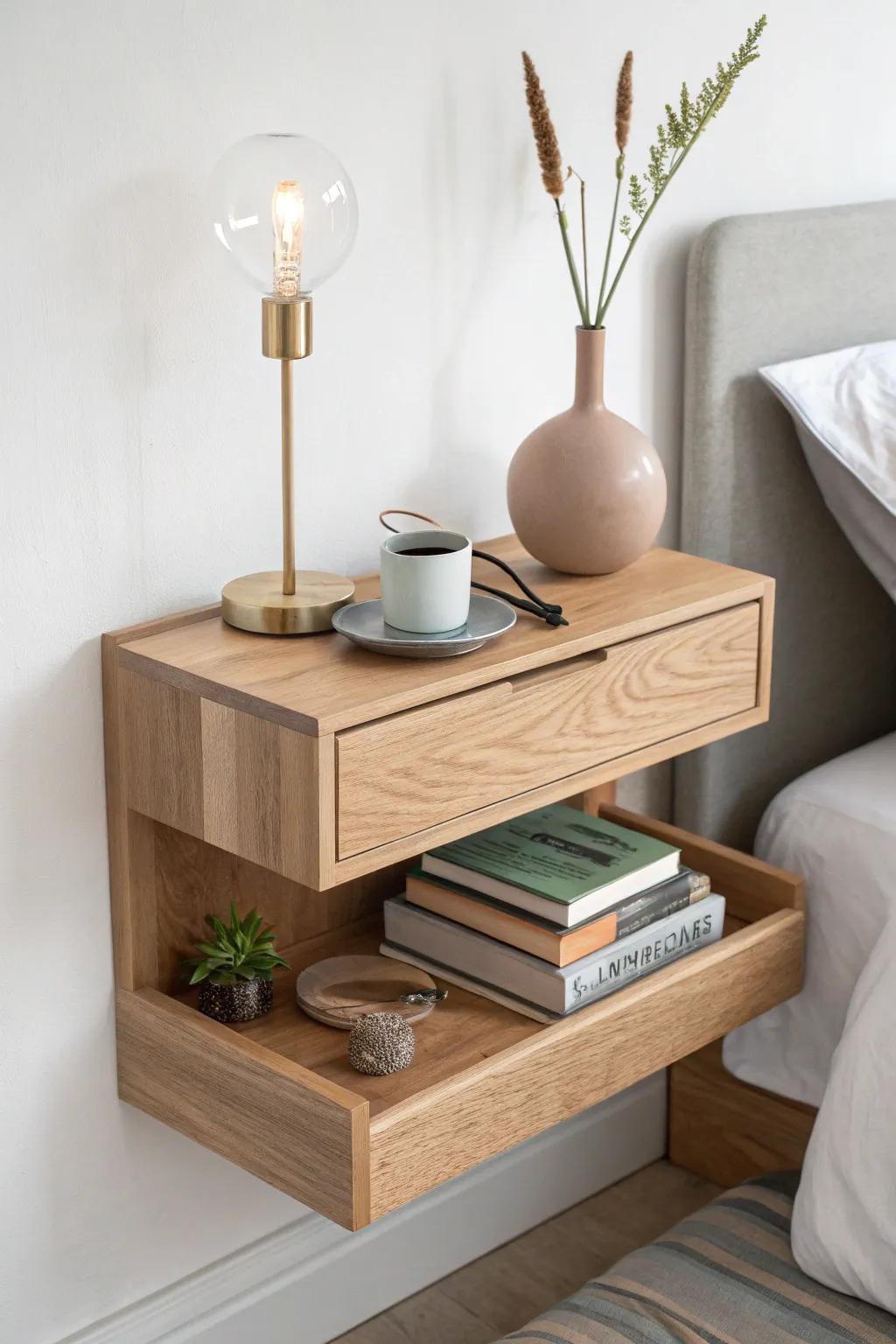 Double-tier floating bedside shelf: daily essentials up top, books below—clean, calm, curated.