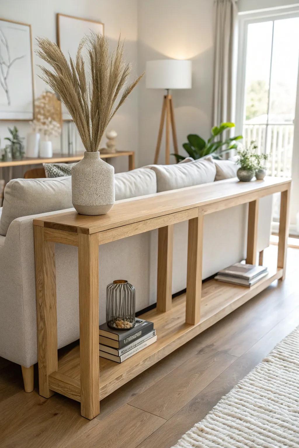 A floating oak console behind the sofa—minimal, airy, and perfect for open-plan flow.
