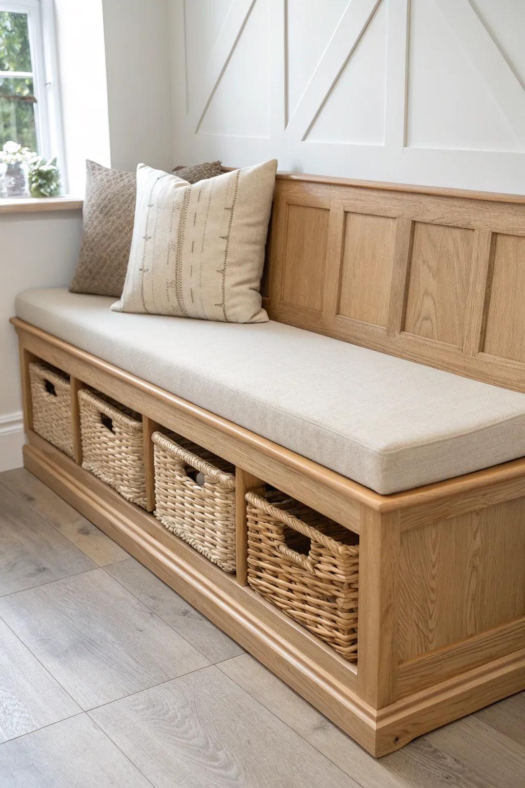Sleek oak banquette with hidden storage—Scandi calm on top, clutter-free space below.