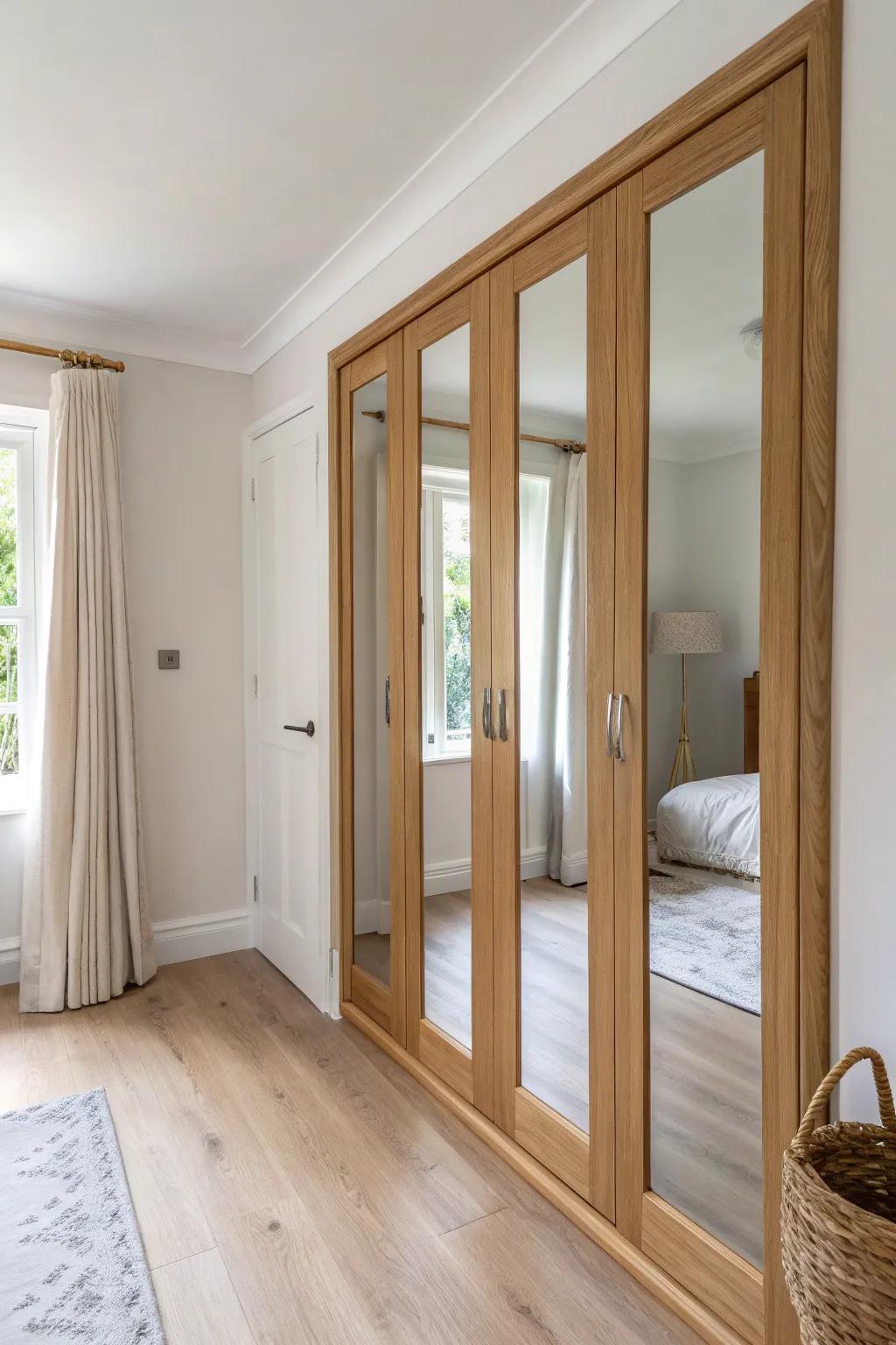 Mirrored bifold doors with oak trim—brighten a tight room and make it feel instantly larger.