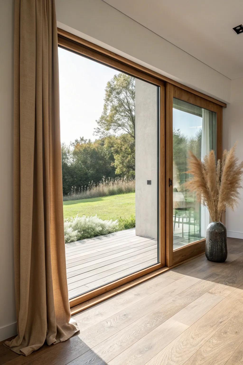 Oversized sliding glass wall in warm oak—seamless indoor–outdoor flow with crafted detail.