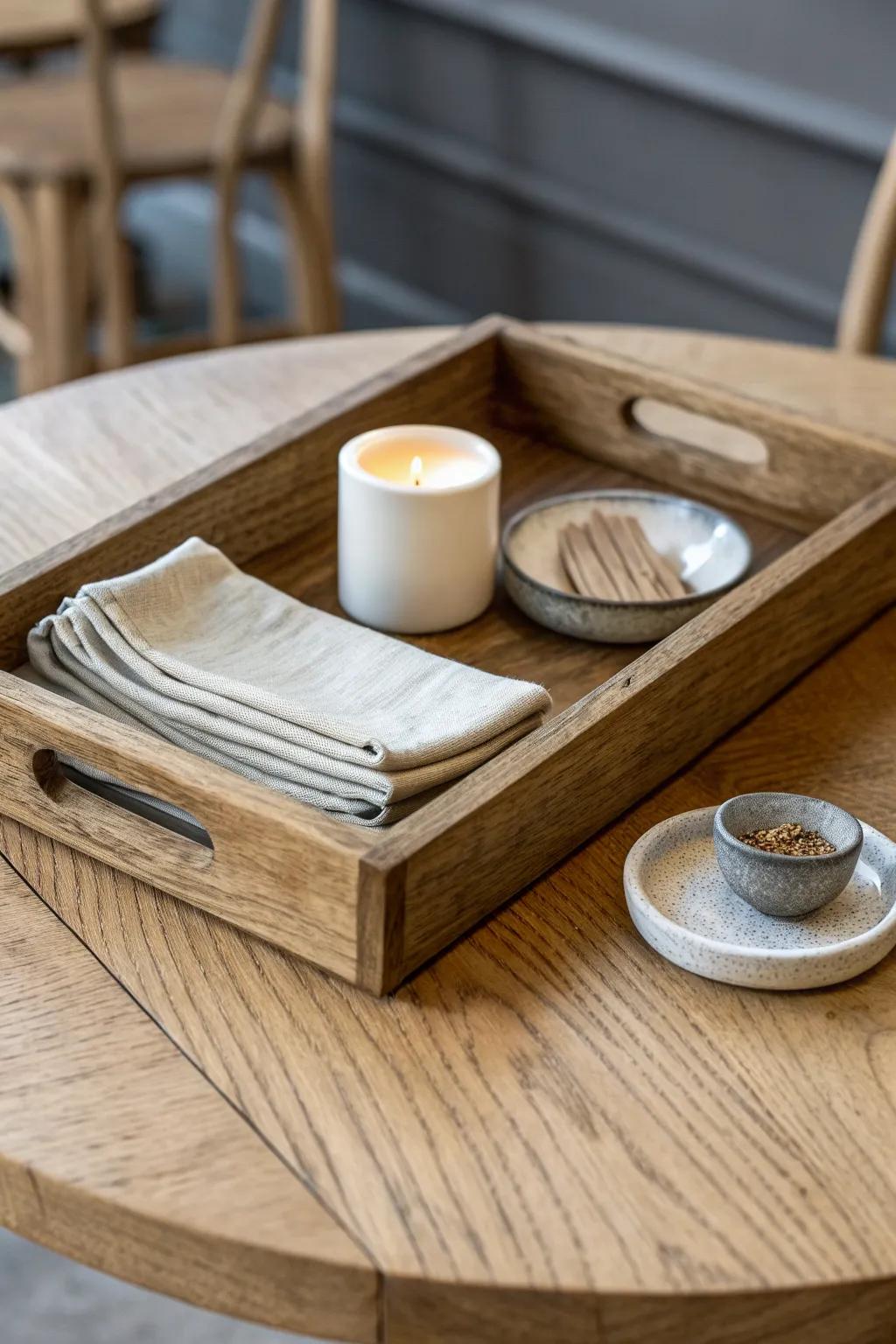 A reclaimed-wood tray keeps napkins, candle, and salt & pepper tidy on a breezy bistro table.