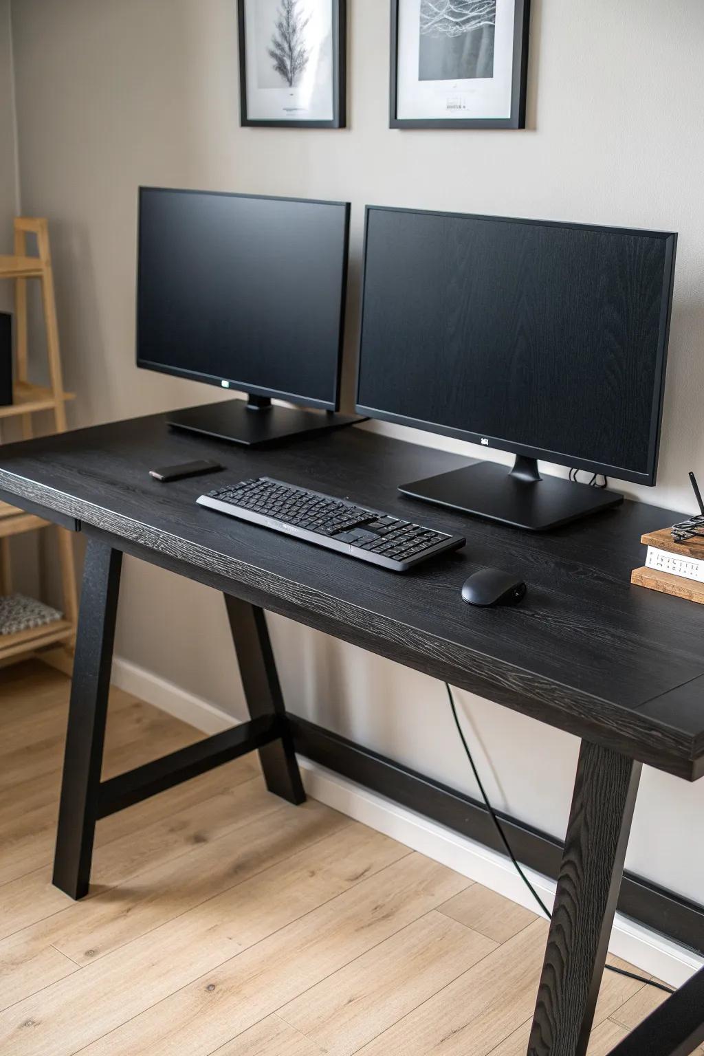 Two monitors, perfectly aligned—black desk serenity with handcrafted wood warmth.
