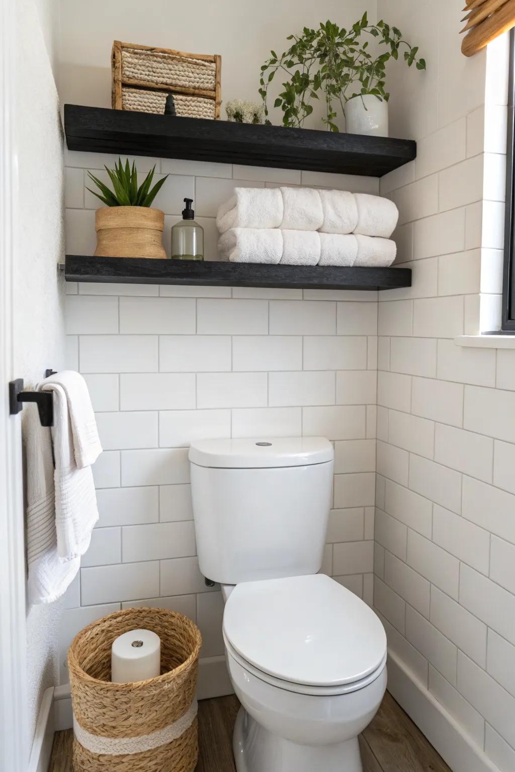 Slim black floating shelf above the toilet—towels, plant, and basket for chic storage.