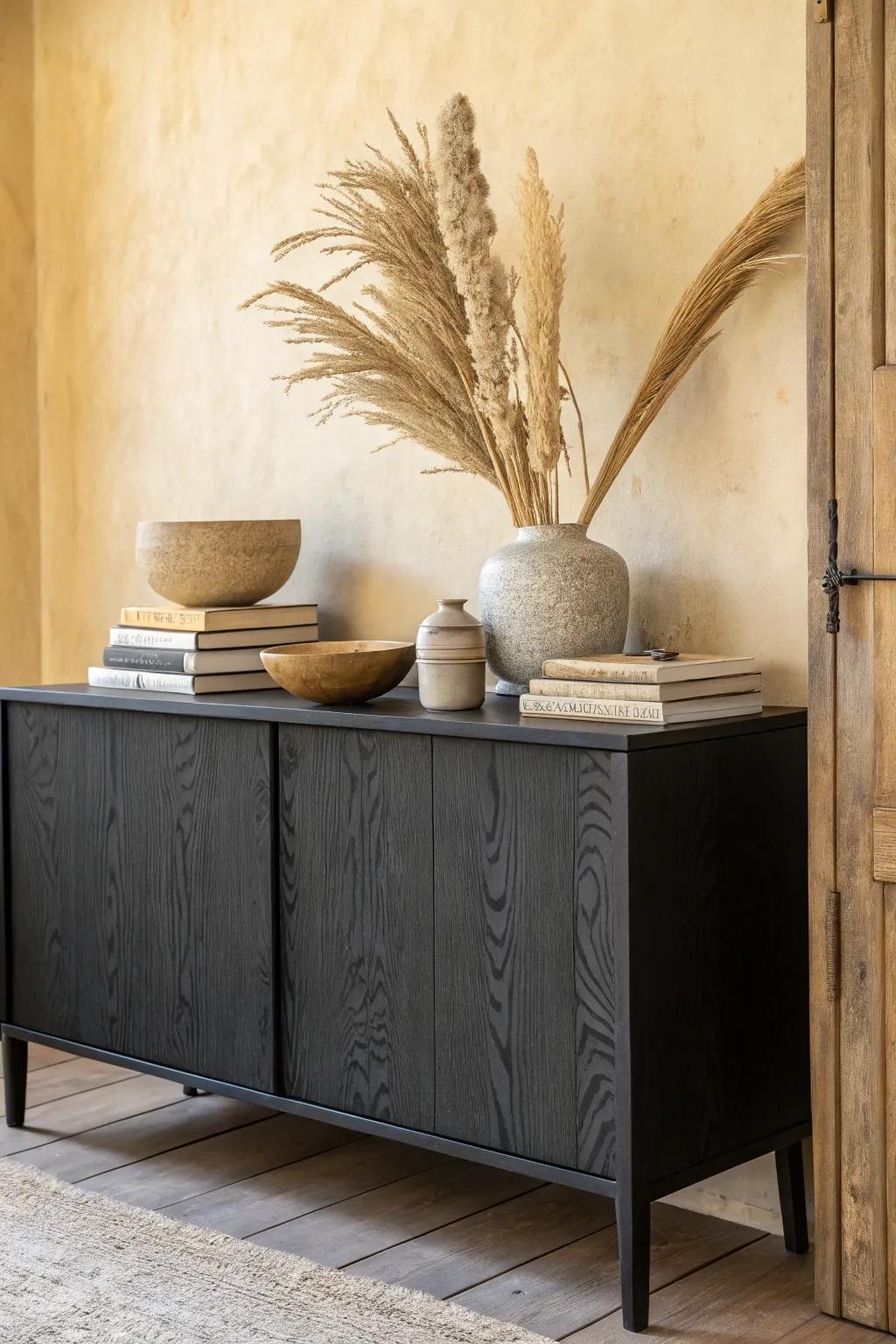 A black sideboard styled with a tall vase, neutral books, and one sculptural bowl—simple and chic.