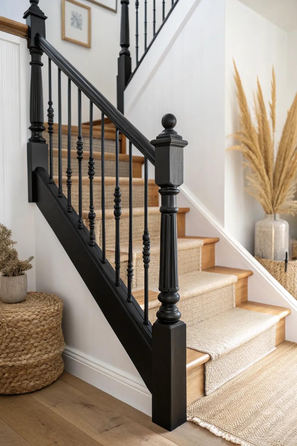 Full matte-black banister for bold contrast—graphic lines that make a light stairwell feel elevated.