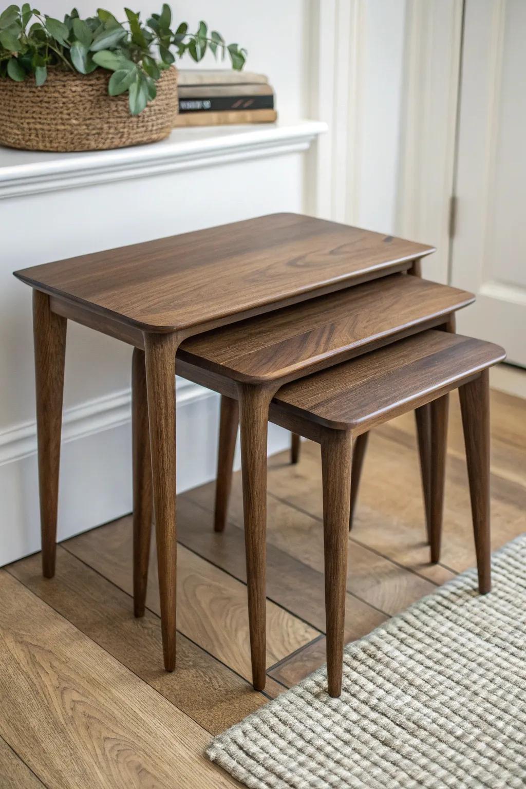 Nested black walnut side tables—sleek Scandinavian lines, warm grain, always-ready extra surface.