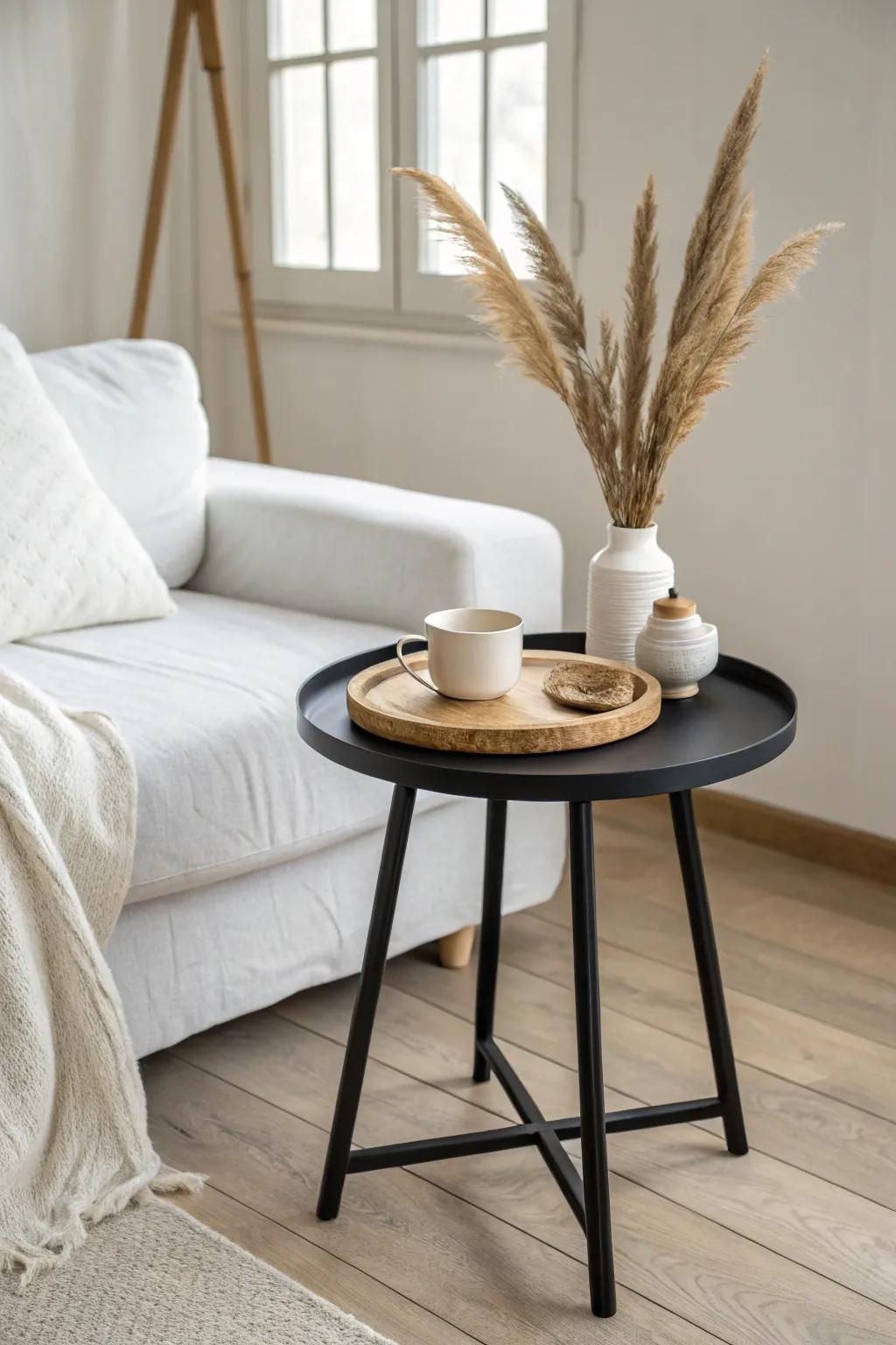 White sofa, black side table, and a warm oak tray—simple contrast with cozy craftsmanship.
