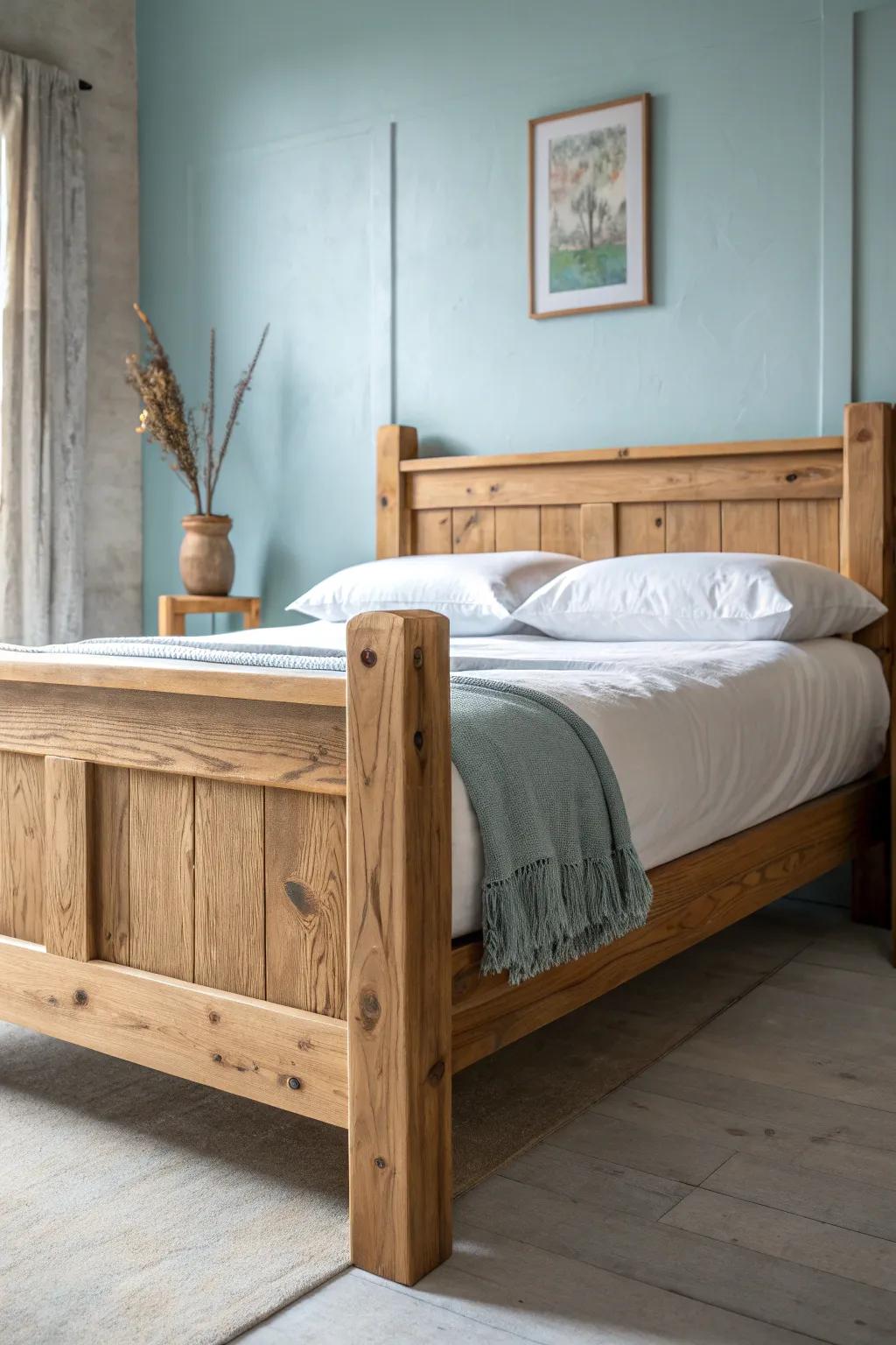 Chunky pine bed frame glowing against soft blue walls—simple, safe color with warm texture.