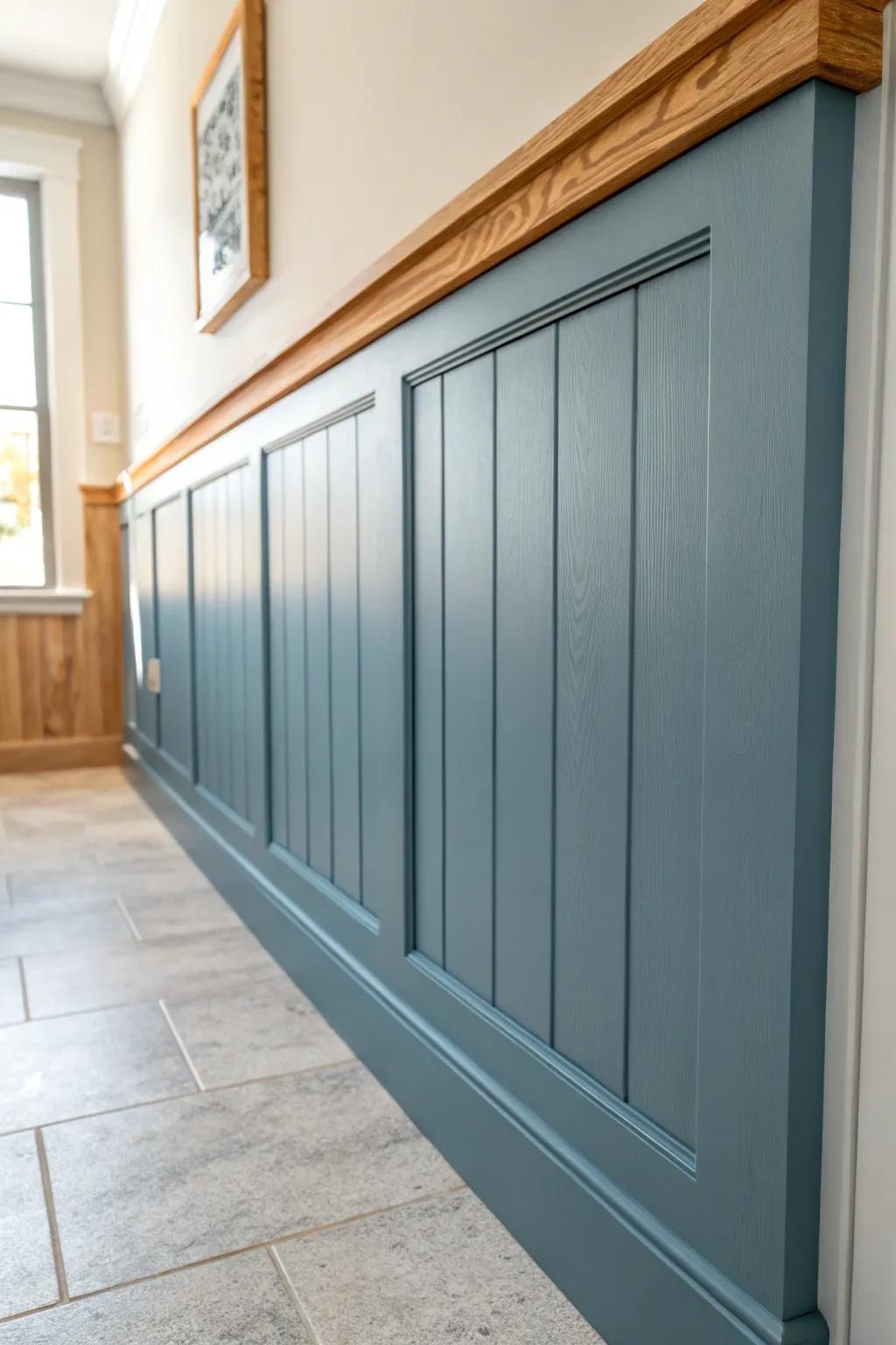 Coastal blue wainscoting brings wipeable, scuff-hiding style to a bright laundry room.