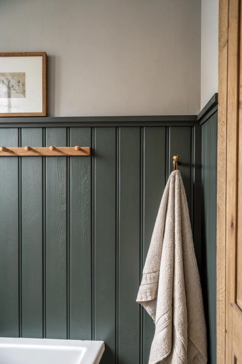 Moody board-and-batten color + warm oak details = a cozy, spa-like bathroom vibe.