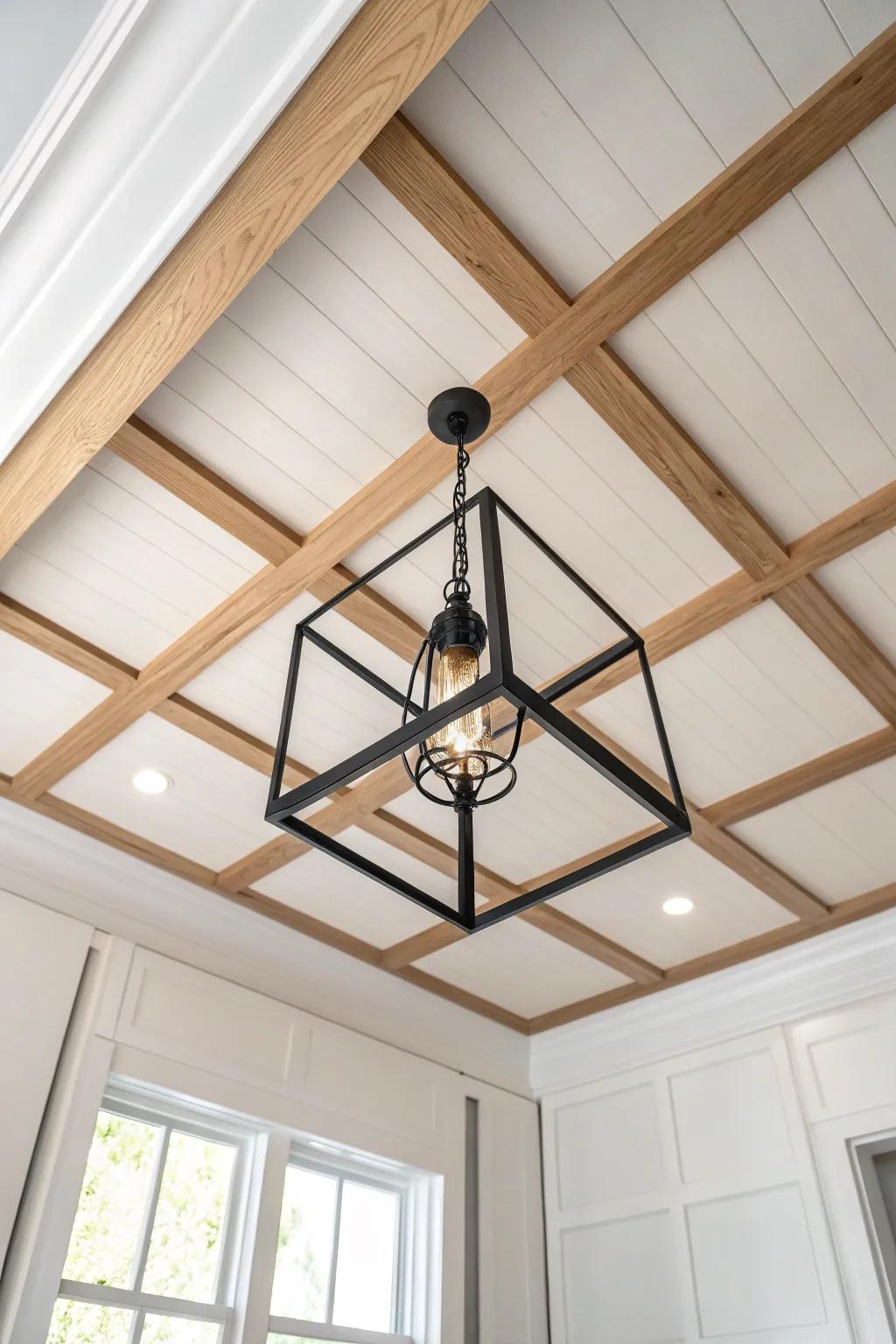 A centered batten box frames the pendant like art—clean, cozy, and perfectly anchored.