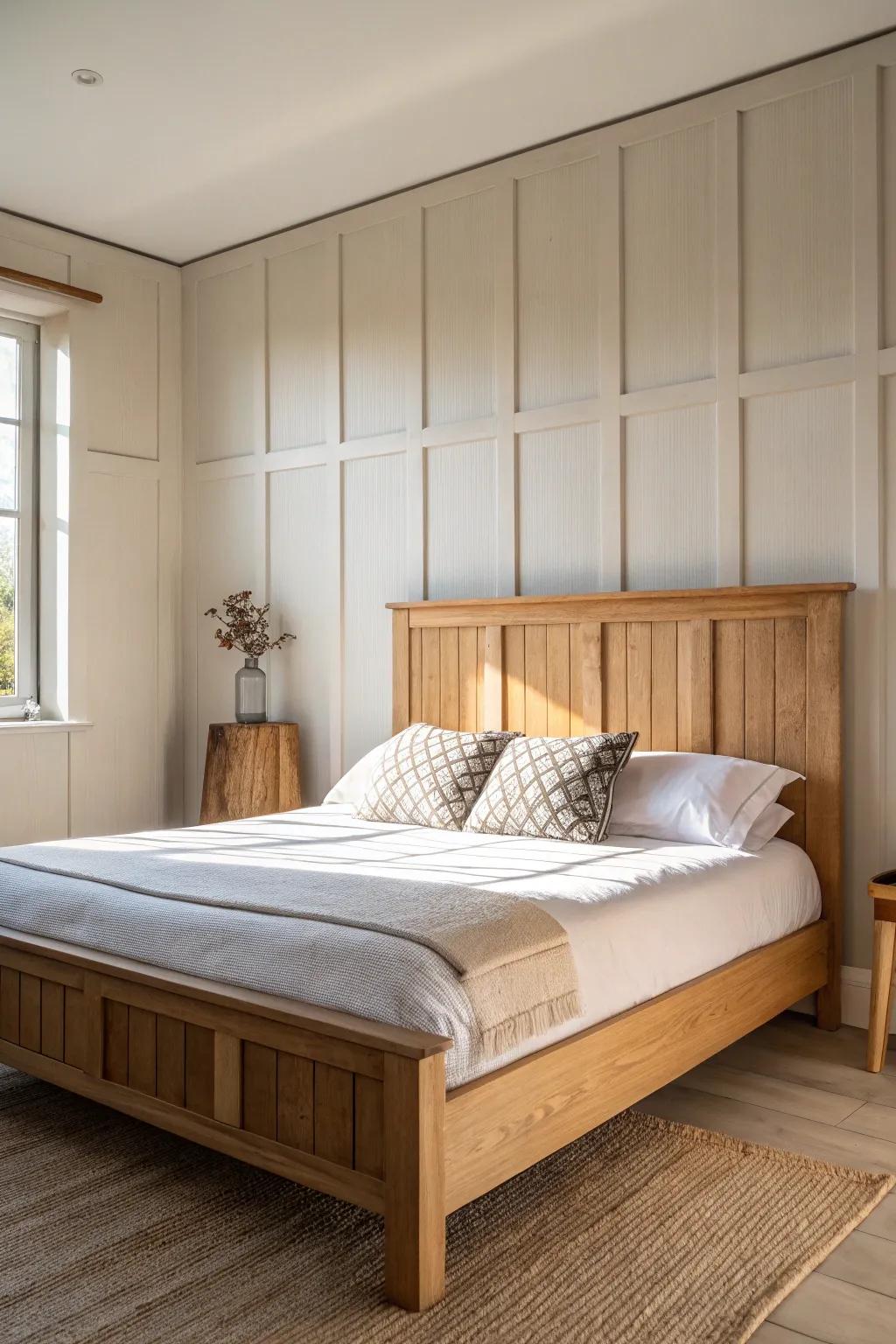 Board & batten headboard wall—wider than the bed for a cozy, designed bedroom look.