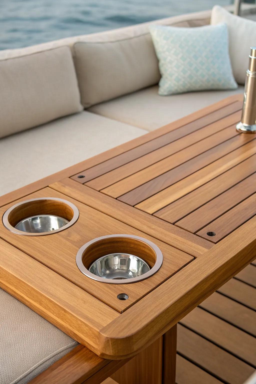 Recessed cup holders with tiny drain paths—calm, minimal, and made for real boat life.